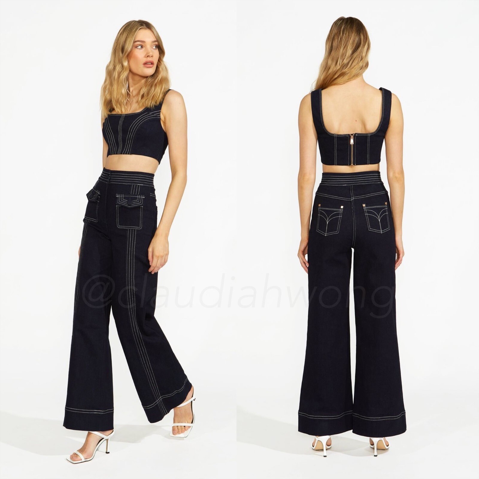 NWT ALICE MCCALL Deep Sea Indigo Blue Contrast Stitch Wide Leg Denim Pants US 4