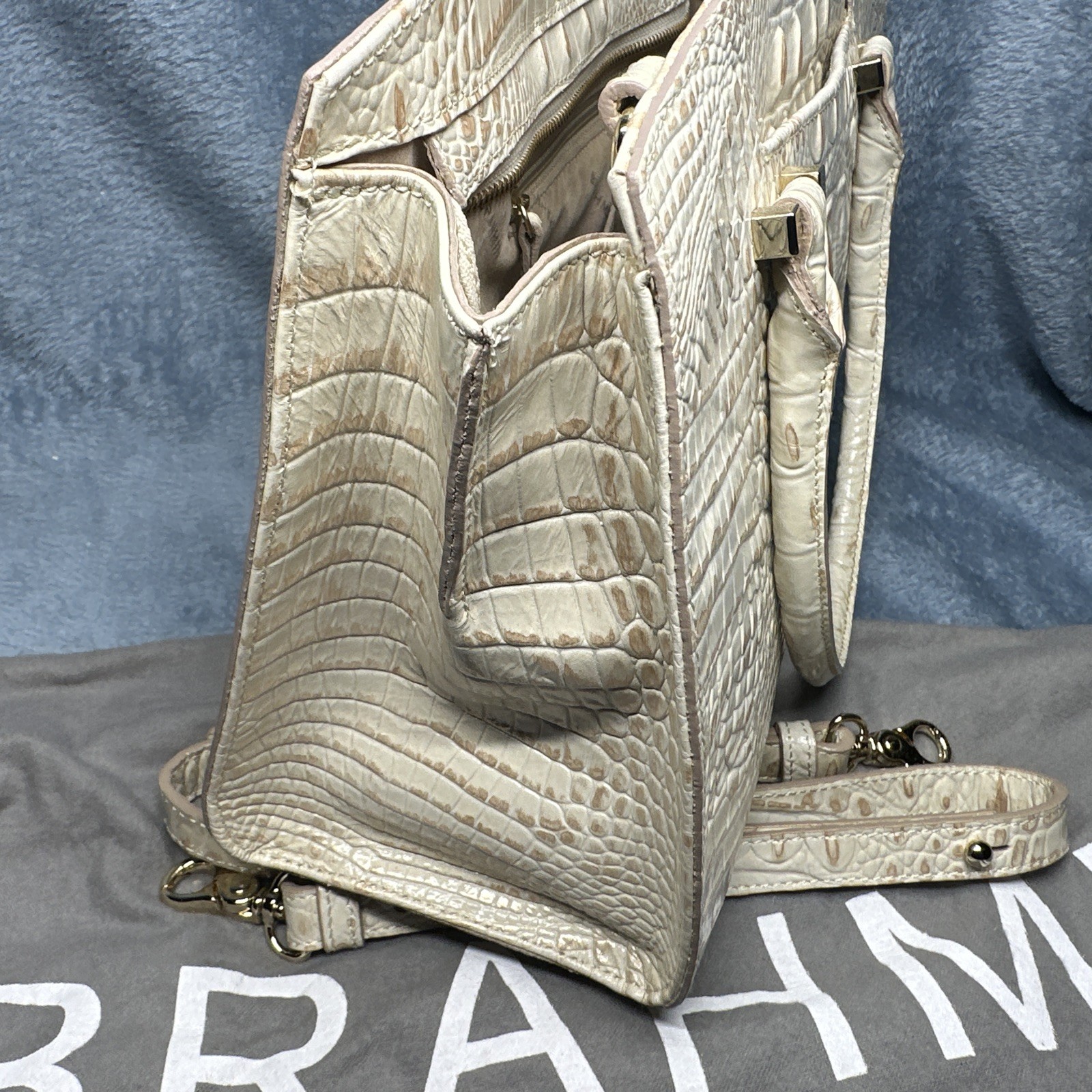 Brahmin Greta Satchel Bag With Crossbody Strap Cream Gold Croc Embossed