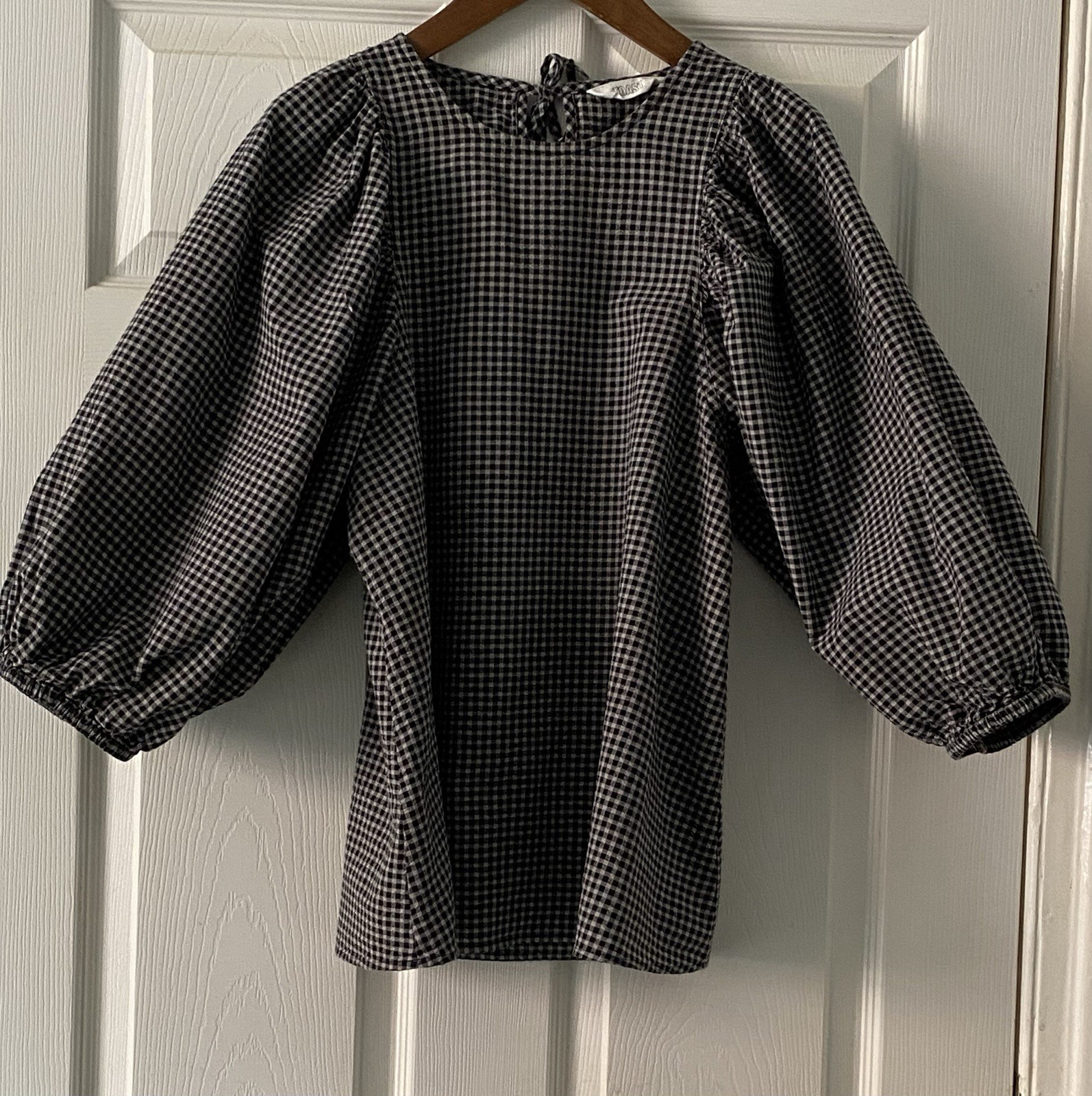TOAST Black & White Gingham Cotton Round Neck Balloon Sleeve Blouse Size 6