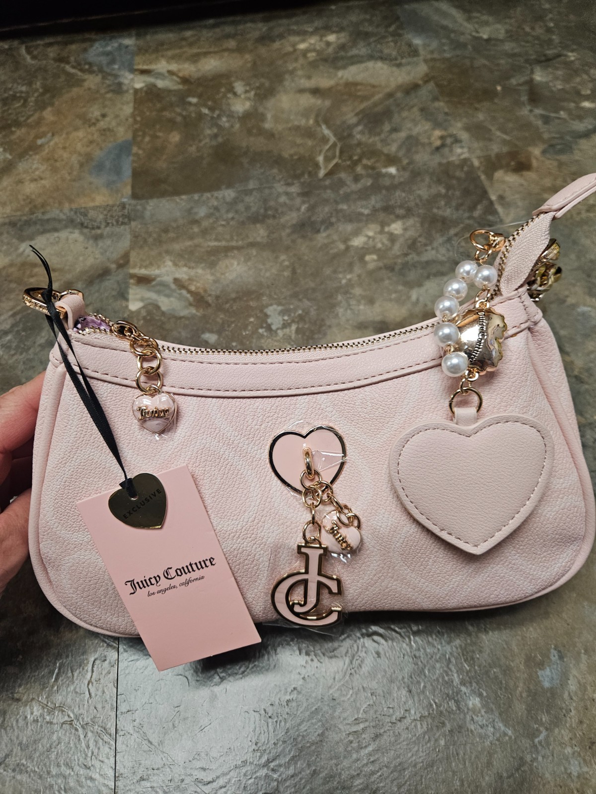 JUICY COUTURE NEW BUBBLE POP SHOULDER BAG HEART PEARL CHARM PINK CLAY