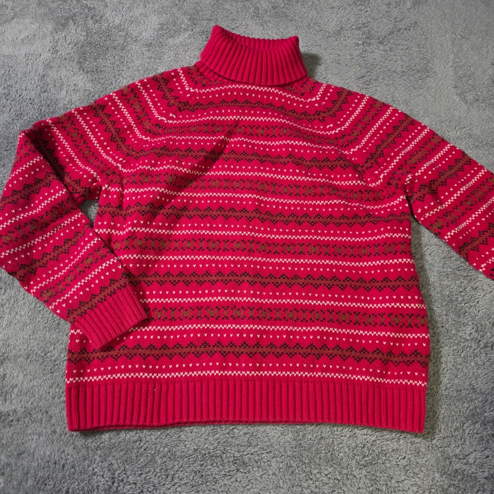Lands End Womens L 14-16 Turtleneck Sweater Red Fair Isle Cotton Raglan Knit