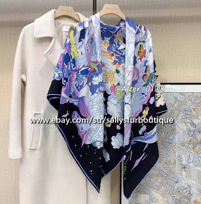 80% Cashmere & 20% Silk Wrap Scarf Cloud Animals Print Square Shawl 53″
