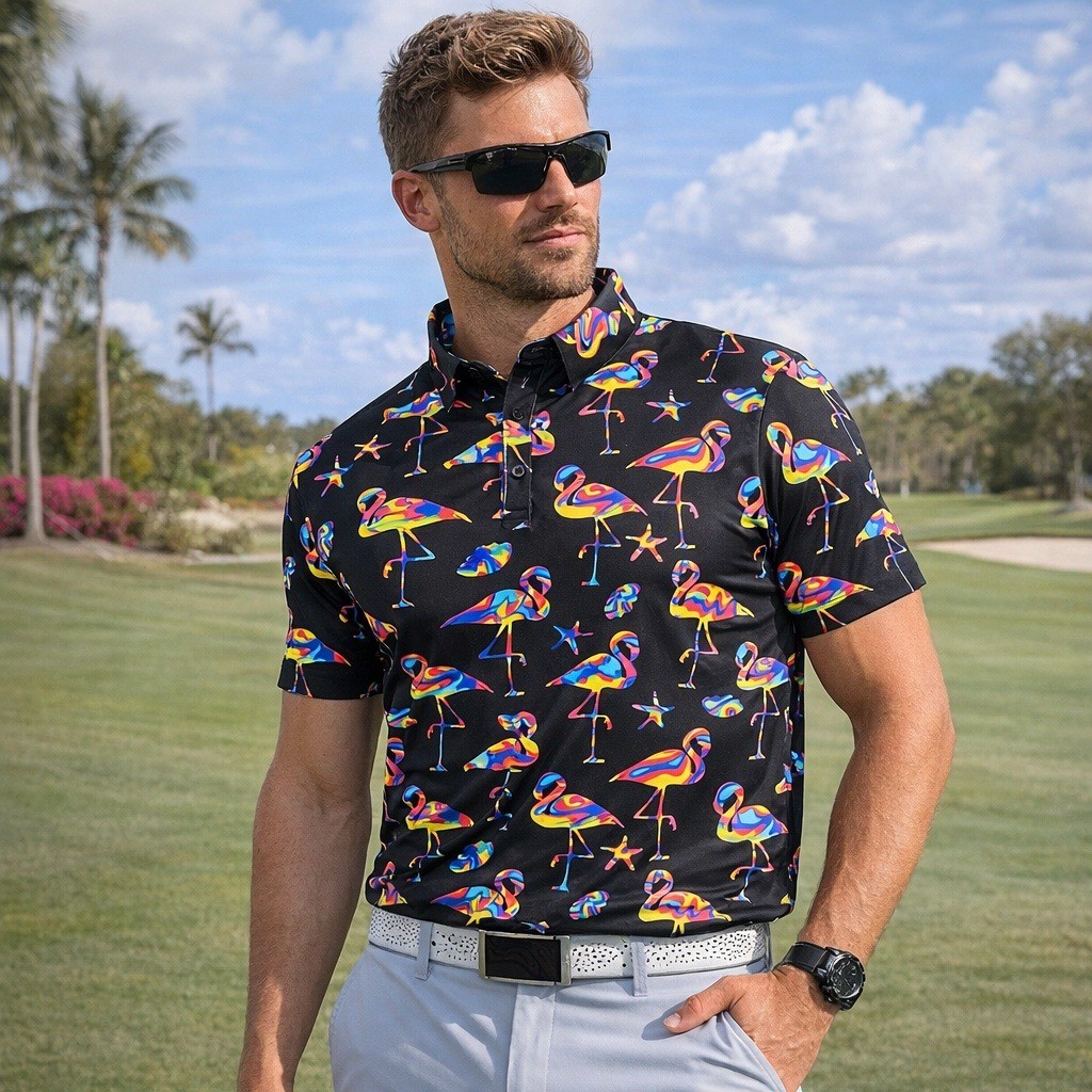 Birdie Bound Flamingo Print Polo Shirt Black Golf Performance Stretch Men’s L