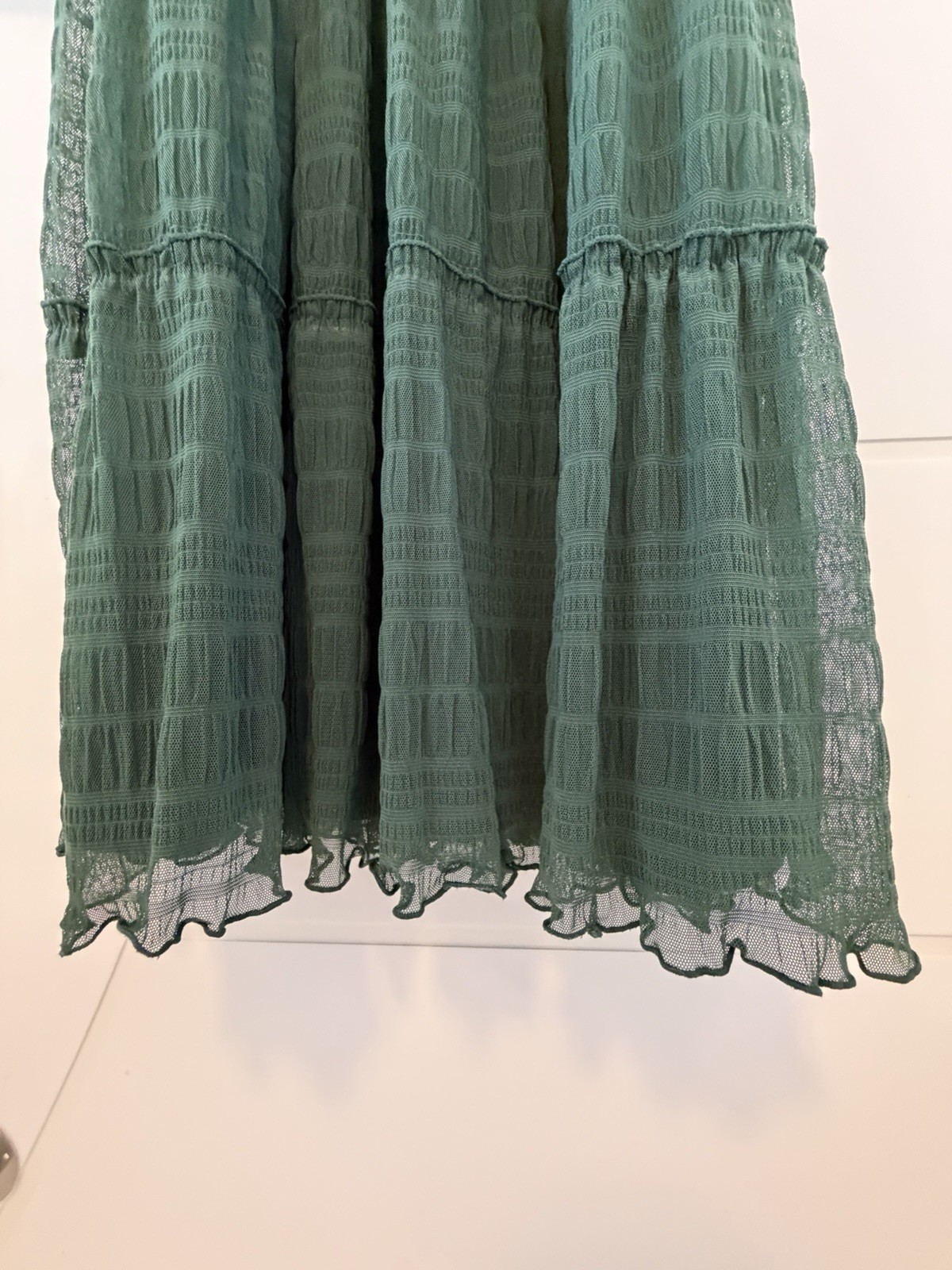 Max Studio Women’s Textured Mesh Cottagecore ruffle maxi BOHO Green Tiered lined