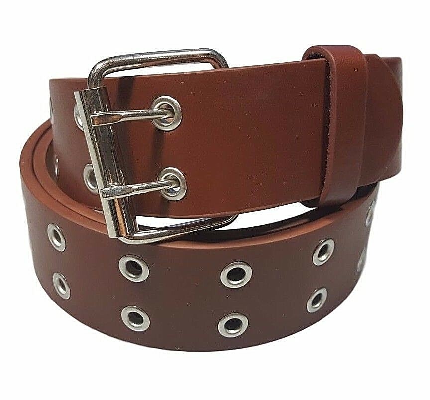 Men’s Women’s Leather Two Rows Silver Grommet Double Holes Brown Belt All Sizes