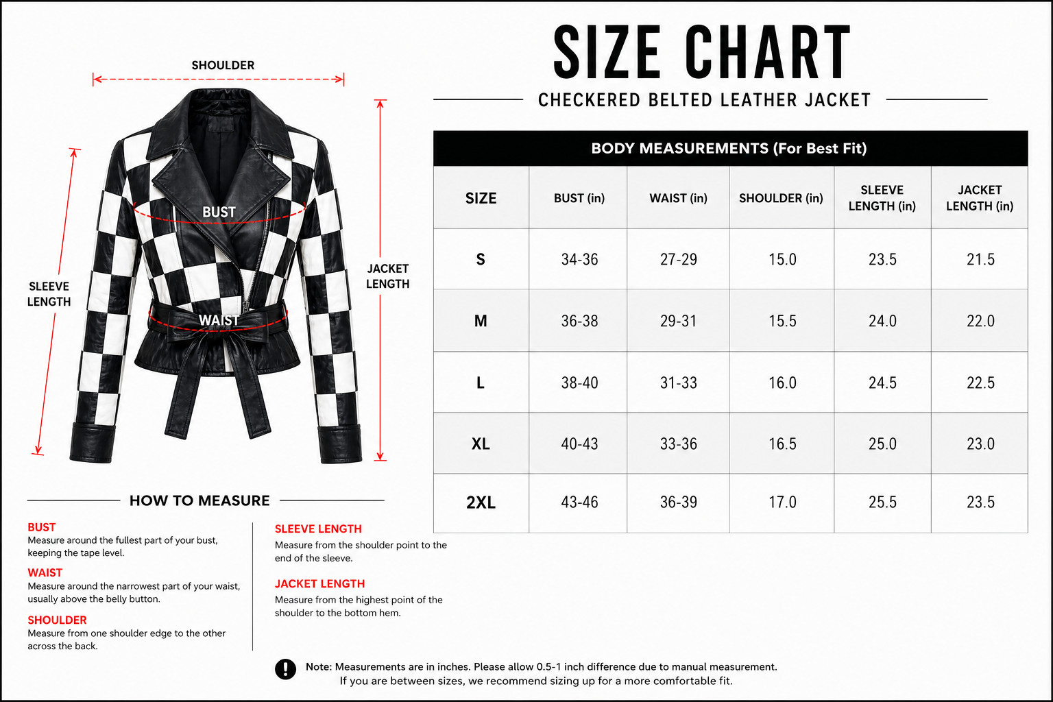 Women’s Checkered Leather Jacket Slim Fit Black White Belted Outerwear