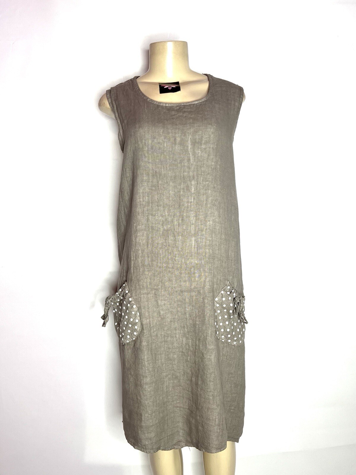 belle France TAUPE LINEN A LINE DRESS WITH POLKA DOT POCKETS SIZE MED
