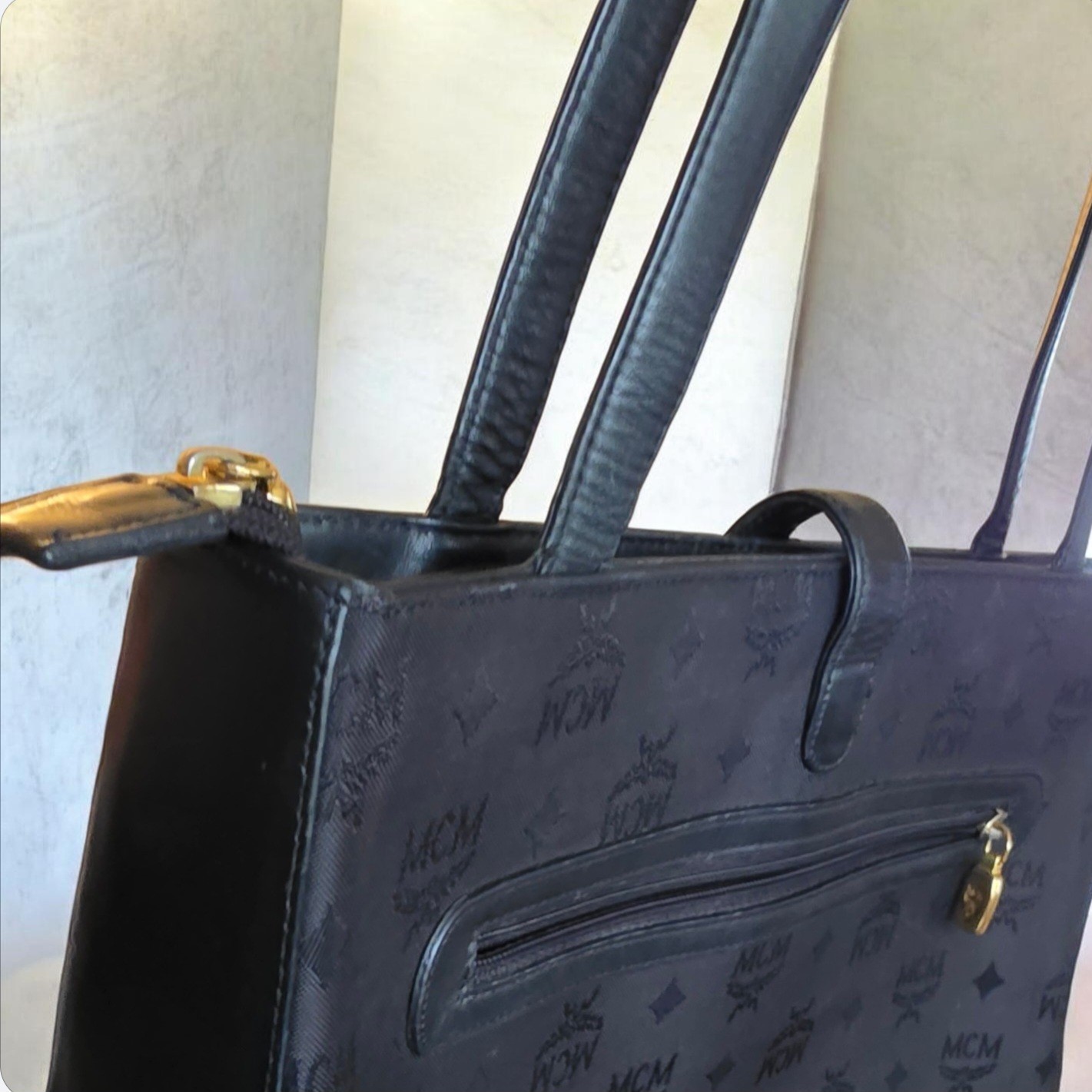 MCM Large Black Monogram Tote Zip Closure Gold Hardware Lined Inner Pockets