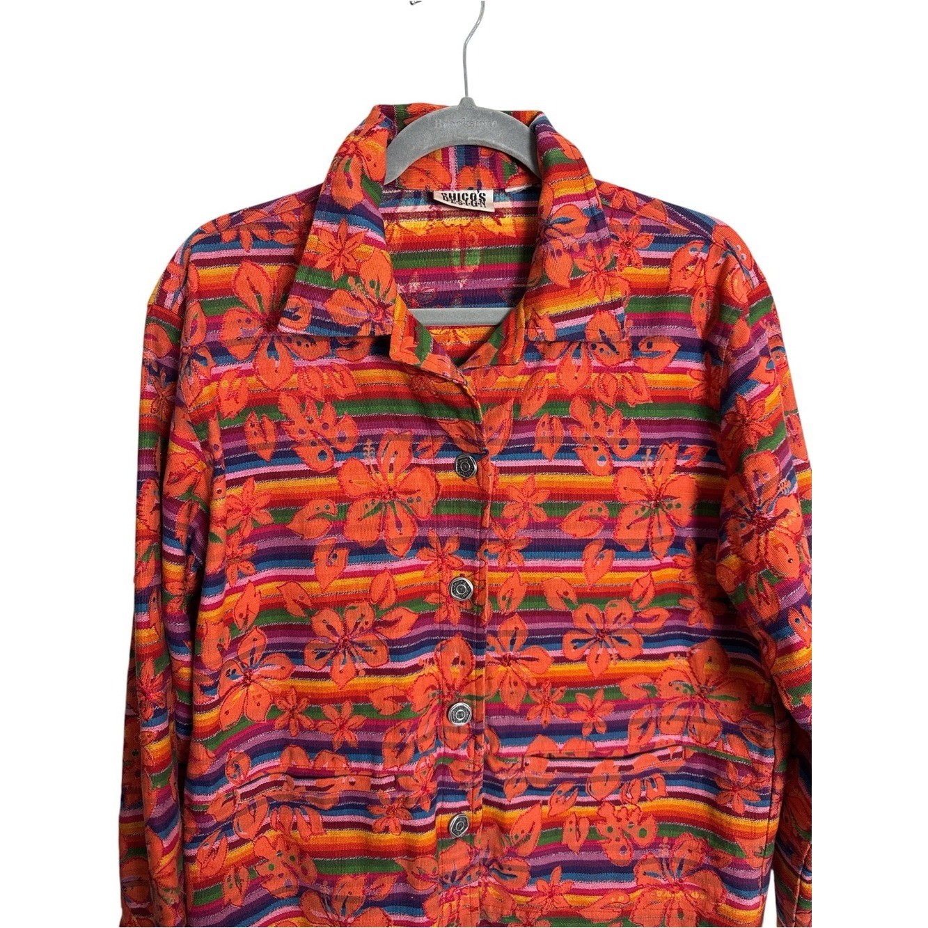 Chico’s Design Bright Orange Artsy Floral Stripe Button-Front Jacket Beaded
