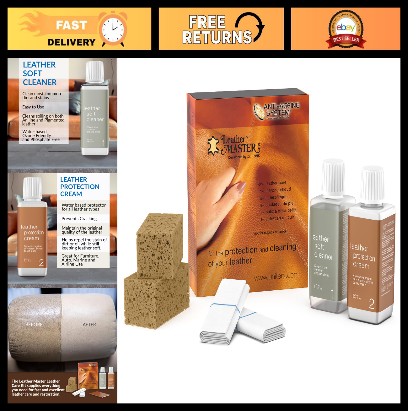 Leather Care Kit – Cleaner & Conditioner for Car Seats, Furniture, Purses, Jacke