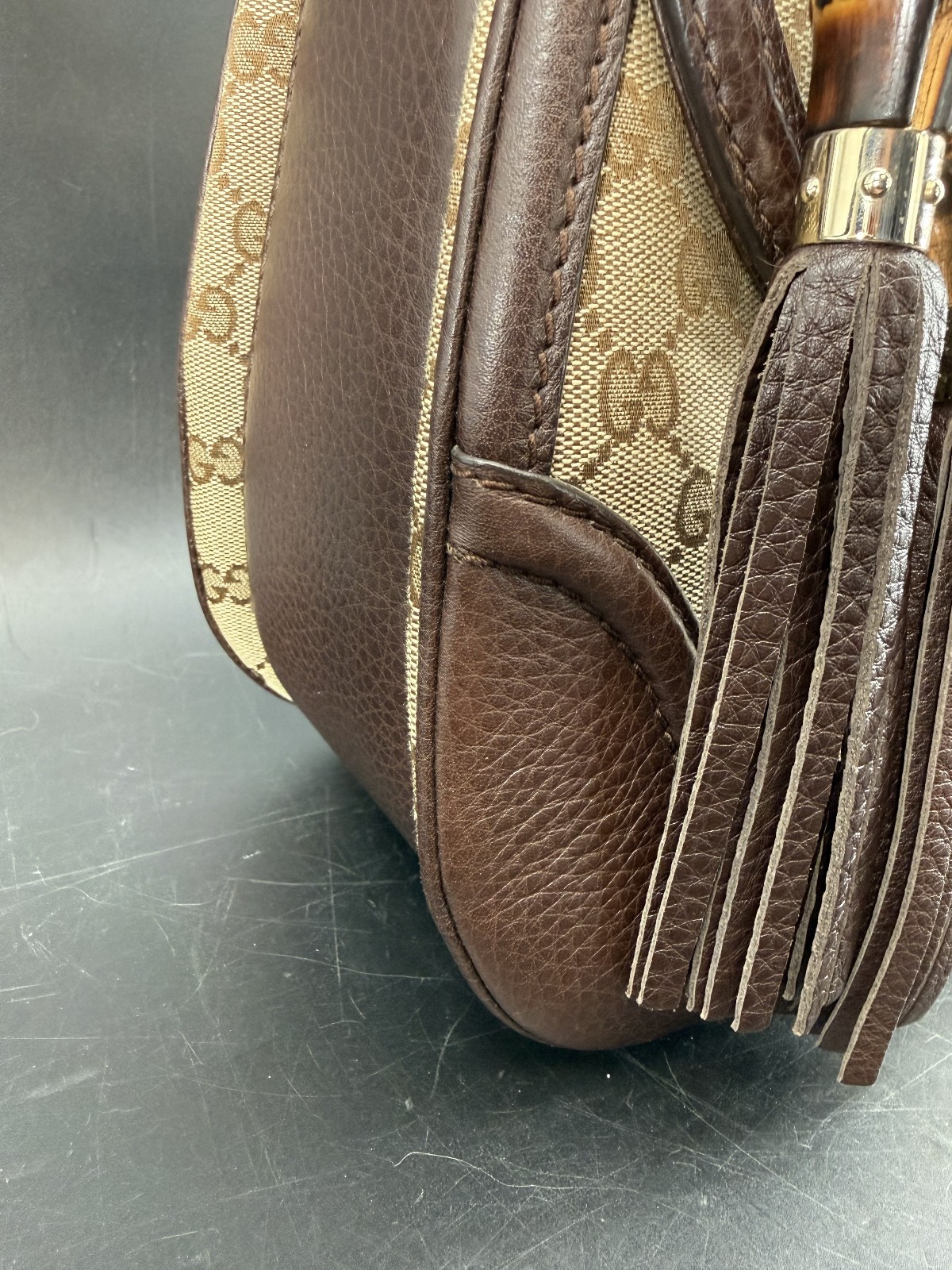 Gucci Beige/Ebony GG Canvas and Leather Large New Bamboo Top Handle Bag