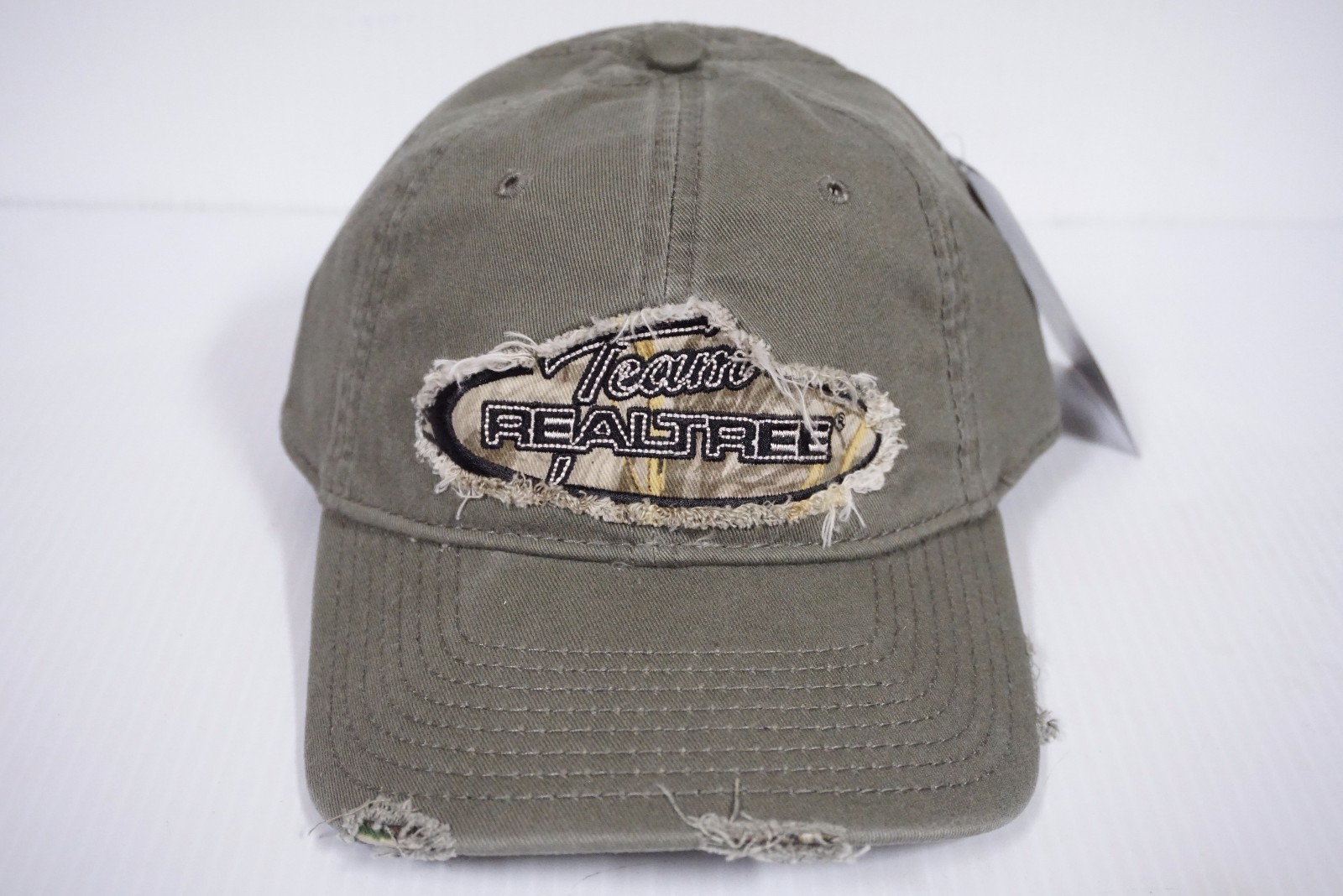 Team Realtree Distressed Adjustable Strap Baseball Hat Cap – Olive Green & Camo