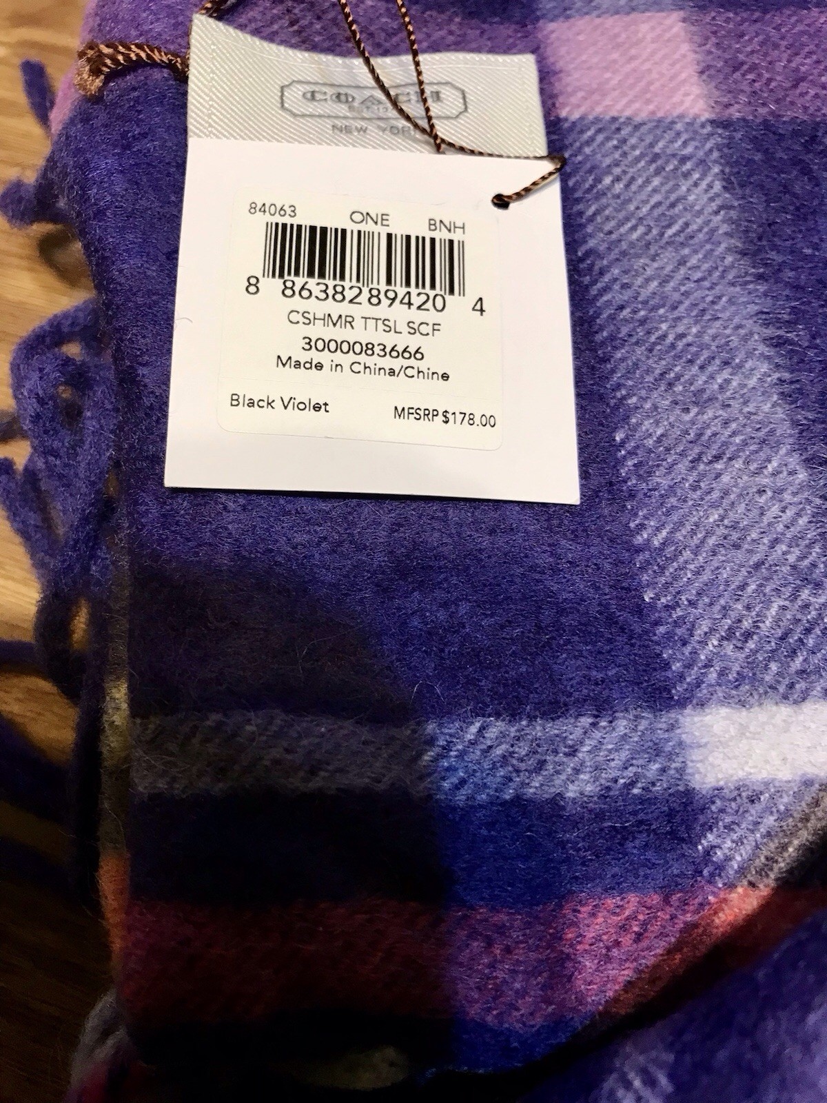 Coach Black Violet 100% Cashmere Scarf NWT In Bag 70”L X 12”W $178 MSRP
