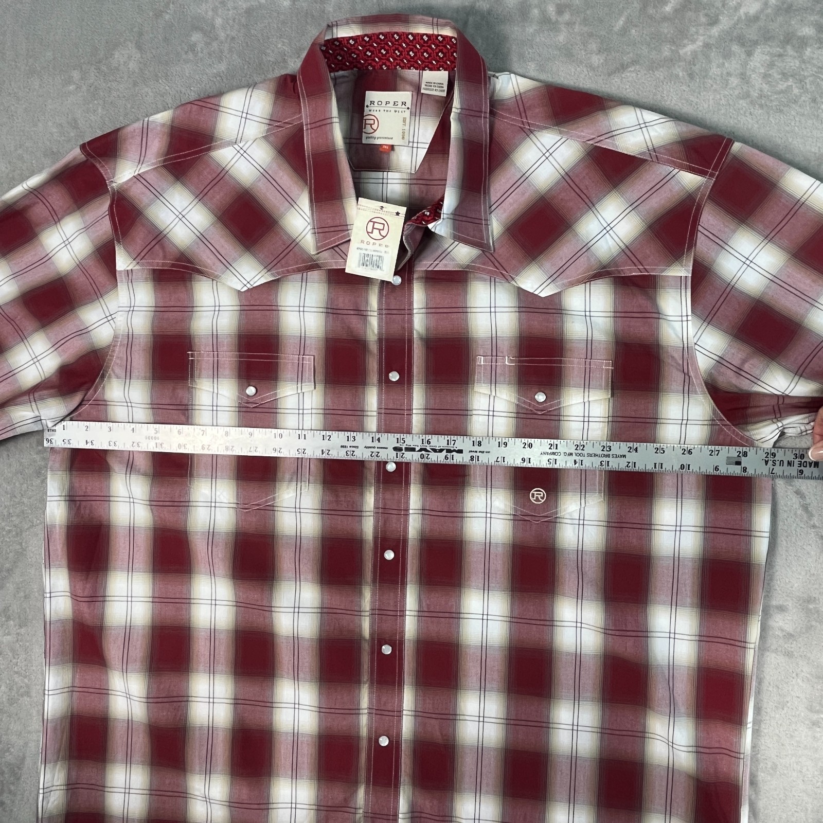 NWT Roper Western Shirt Mens 3XL Burgundy Plaid Pearl Snap S/S Cowboy Rodeo