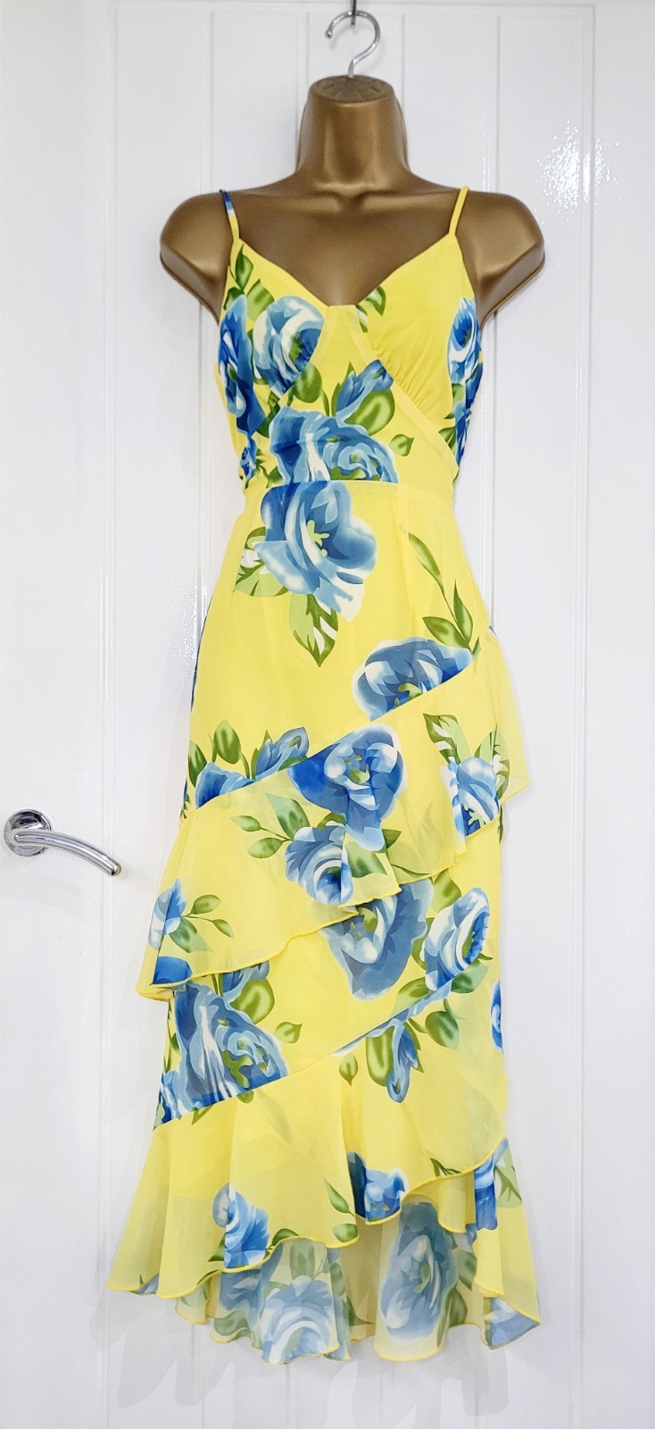 Quiz size 8 yellow blue floral chiffon flippy frill summer Midi dress holiday