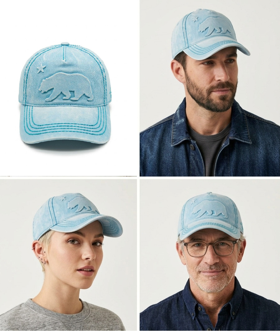 California Bear Embrodery Baseball Cap Washed Cotton Adjustable Unisex Adult Hat