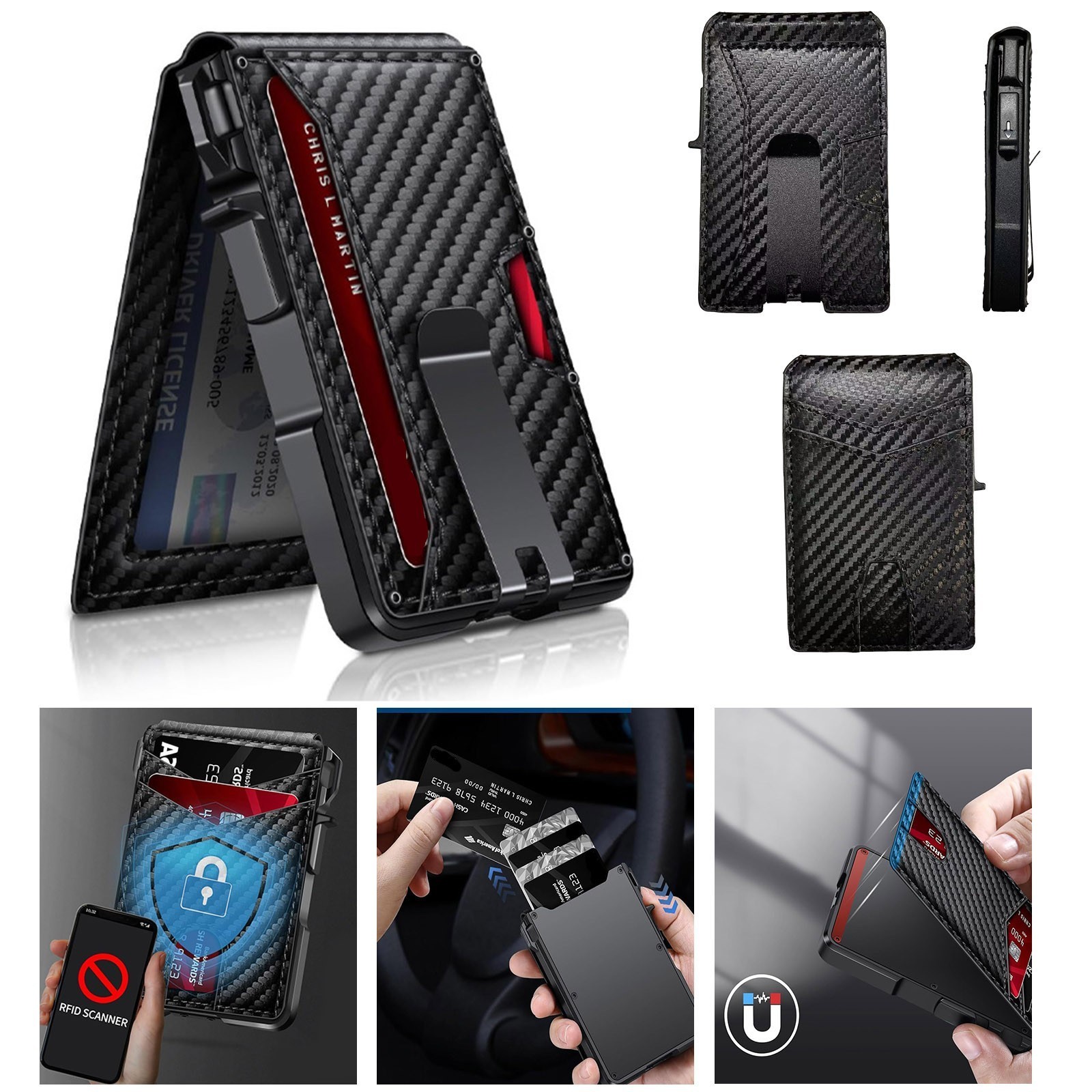 Men RFID Blocking Money Clip Slim Carbon Fiber Credit Card Holder Metal Wallet