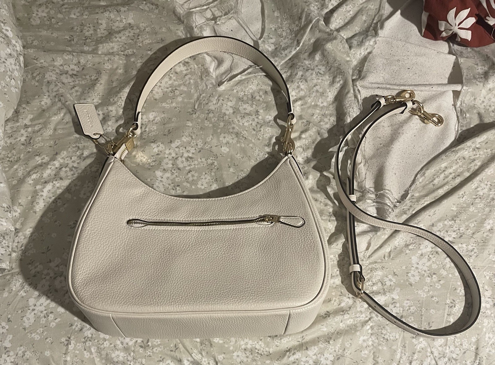 Coach White Small Pebbled Crescent Shoulder Bag Zip, Detachable Strap, Pockets