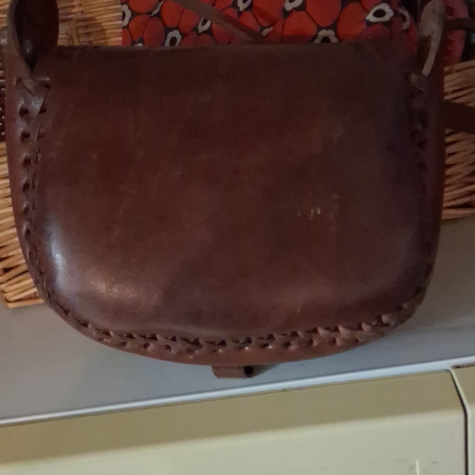 Brown Embossed Stitched Semi-Circle Saddle Crossbody Bag Buckle Flap Adjustable