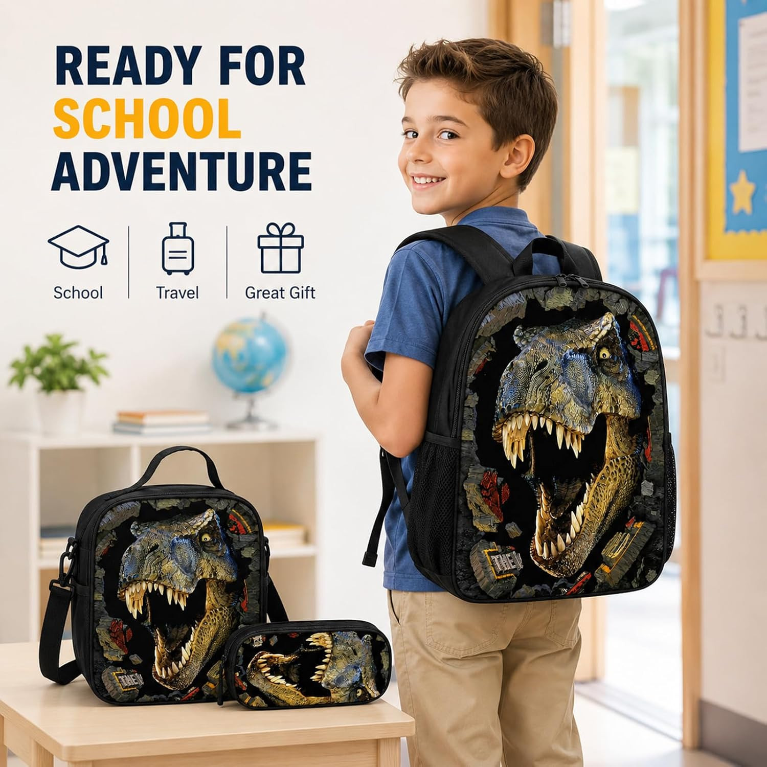 Dinosaur Backpack with Lunch Box, for Boys Aged 5–7 – Jurassic T. Rex Fan Favori