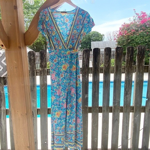 Pretty Garden Floral Wrap Maxi Dress, Womens M Blue Flutter Sleeves Romantic