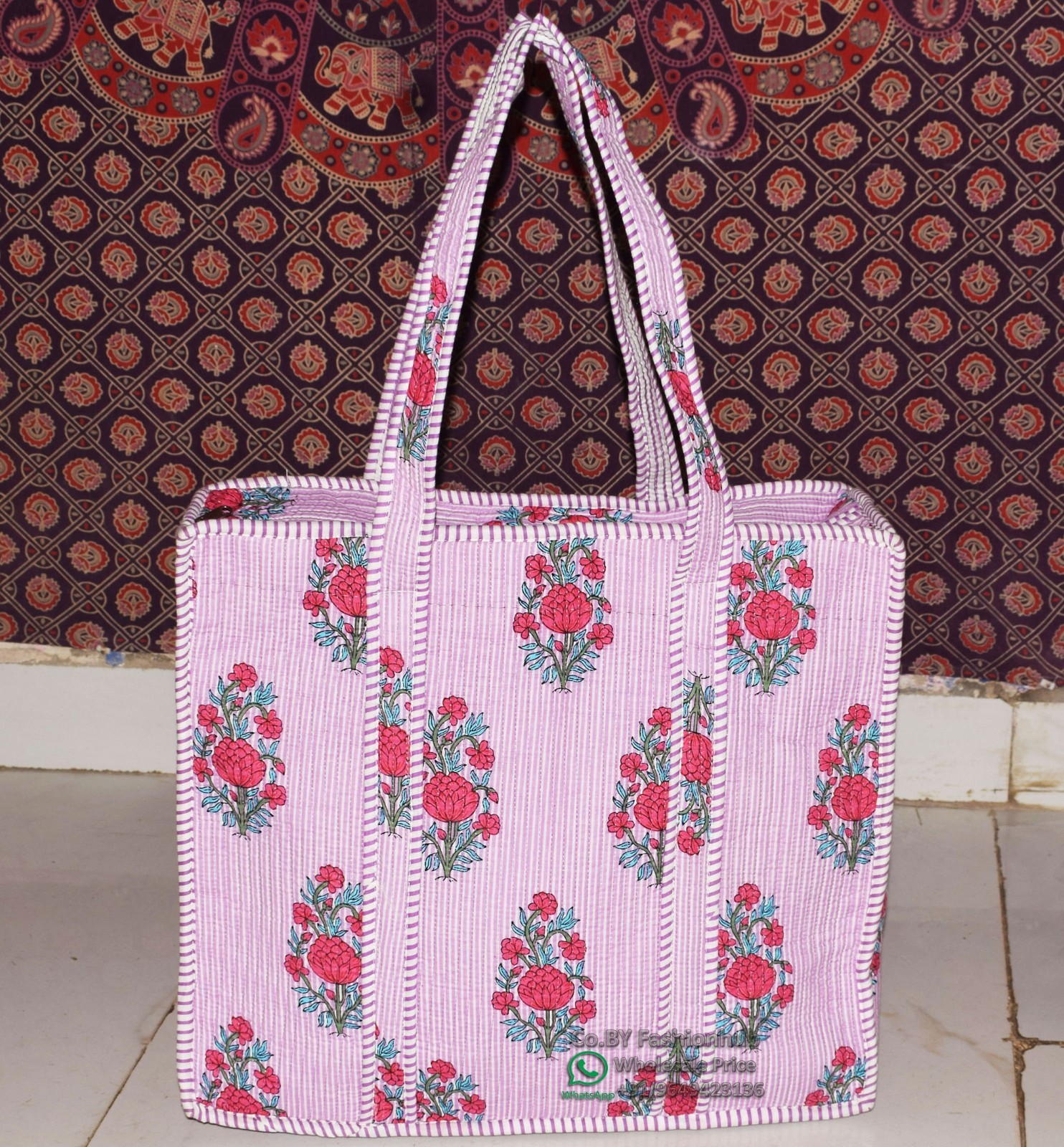 Market Bag, Boho Beach Bag Purple Stripe Floral Jaipur Kantha Tote Bag Handbag
