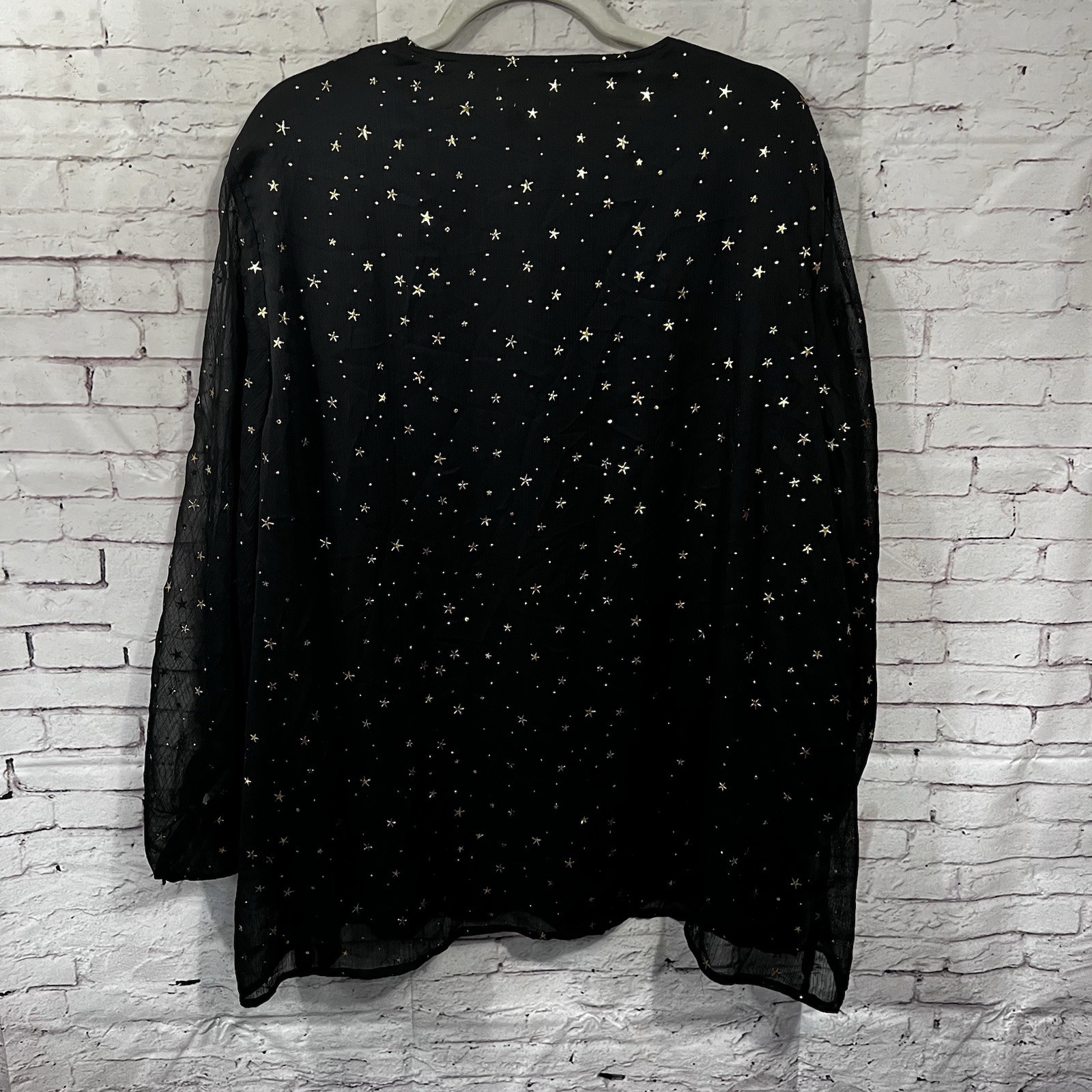 Entro Plus Size 1X NWat Blouse Black Gold Celestial Stars Sheer Long Sleeve