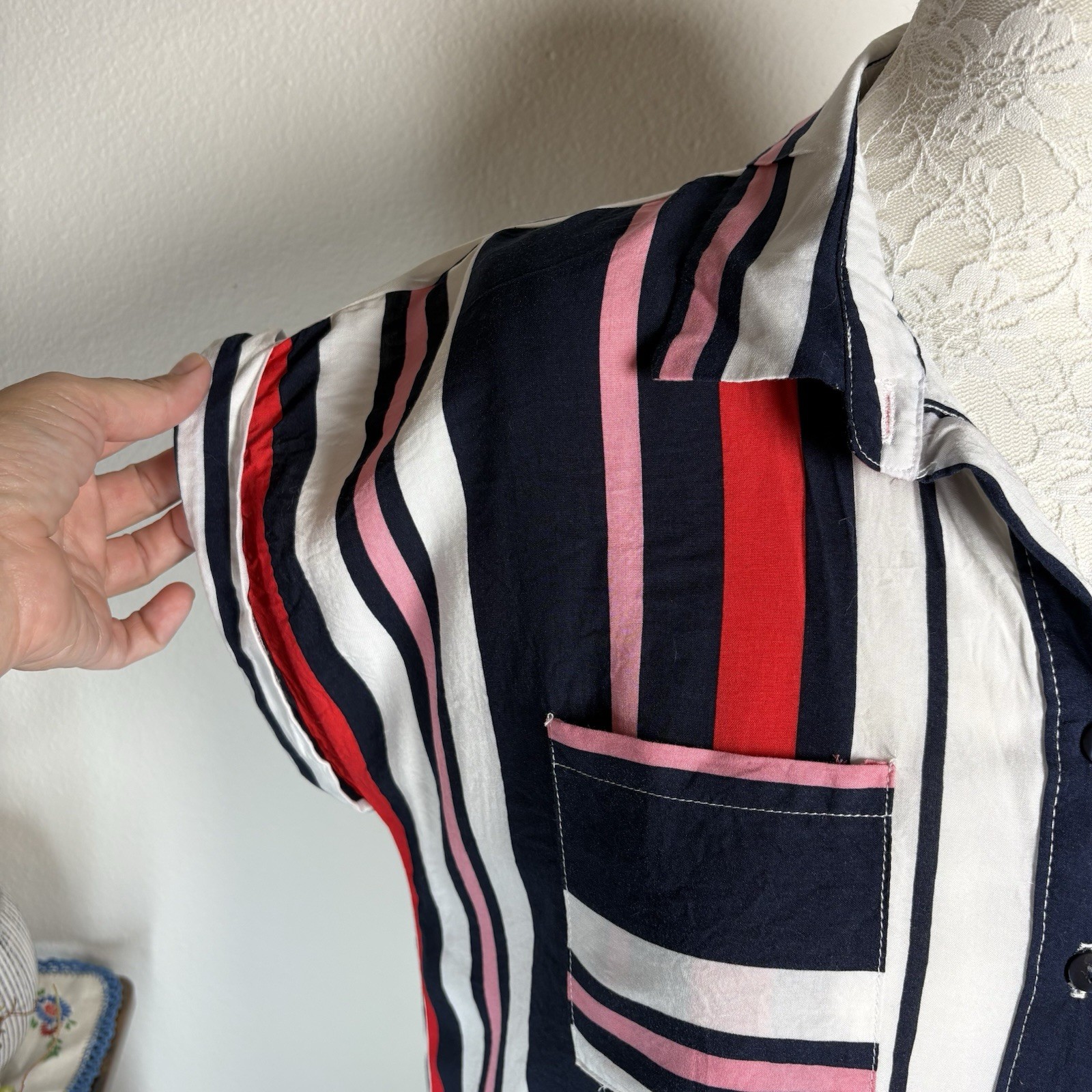 Love Notes Women’s Large ~ Red Pink Blue White Striped Button Up Blouse