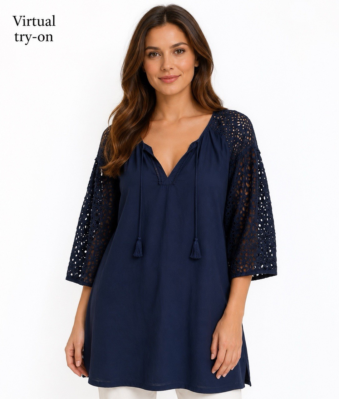 J.Crew Blue Eyelet Lace V-Neck 3/4 Sleeve Tunic Blouse Women’s XL
