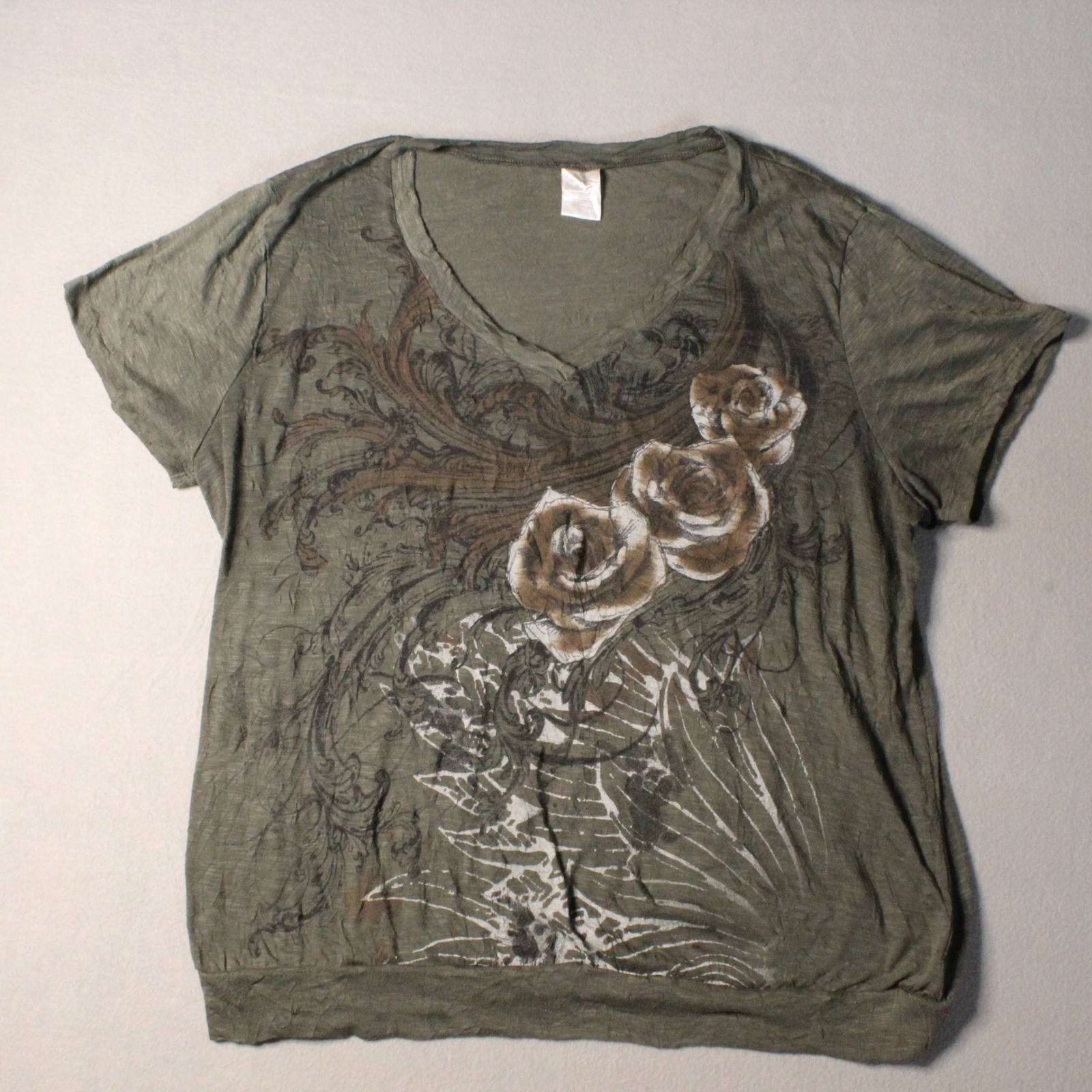 Olive Green Rose Graphic V-Neck Banded Hem Short Sleeve Top Plus Size 2X