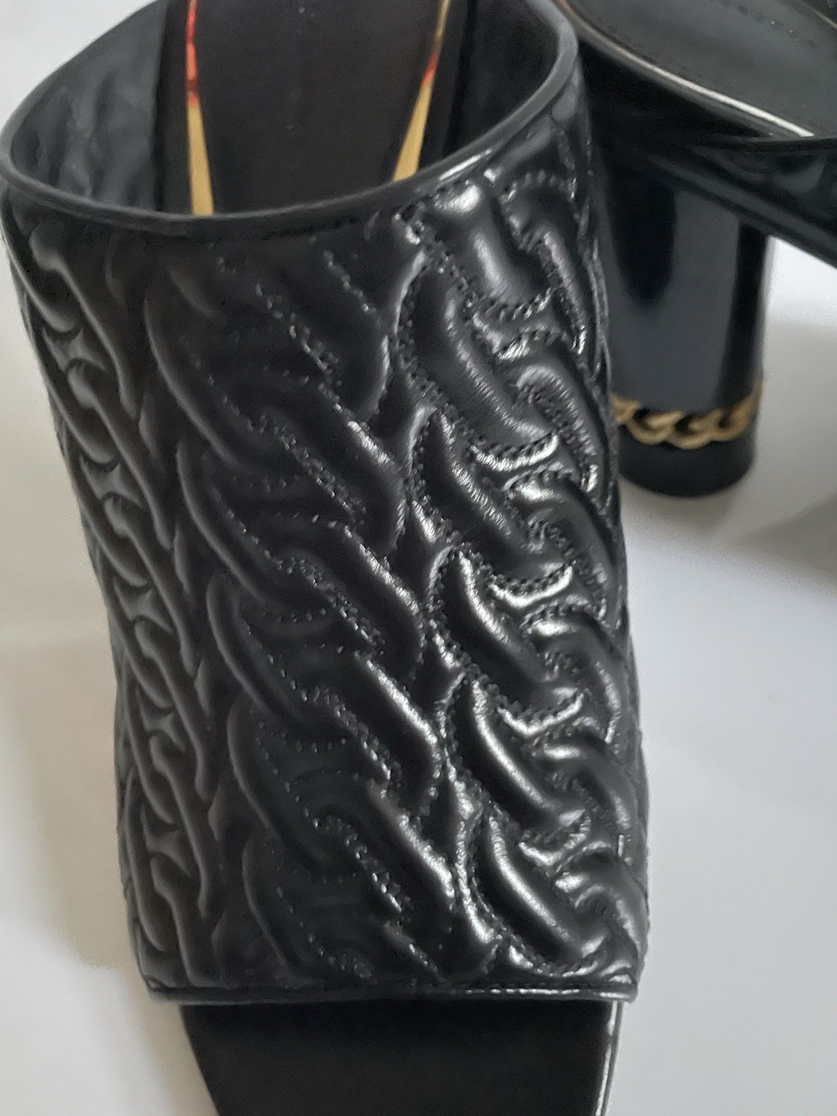 Rebecca Minkoff Black Quilted Leather Chain Open Toe Slip-On Mule Heels 10