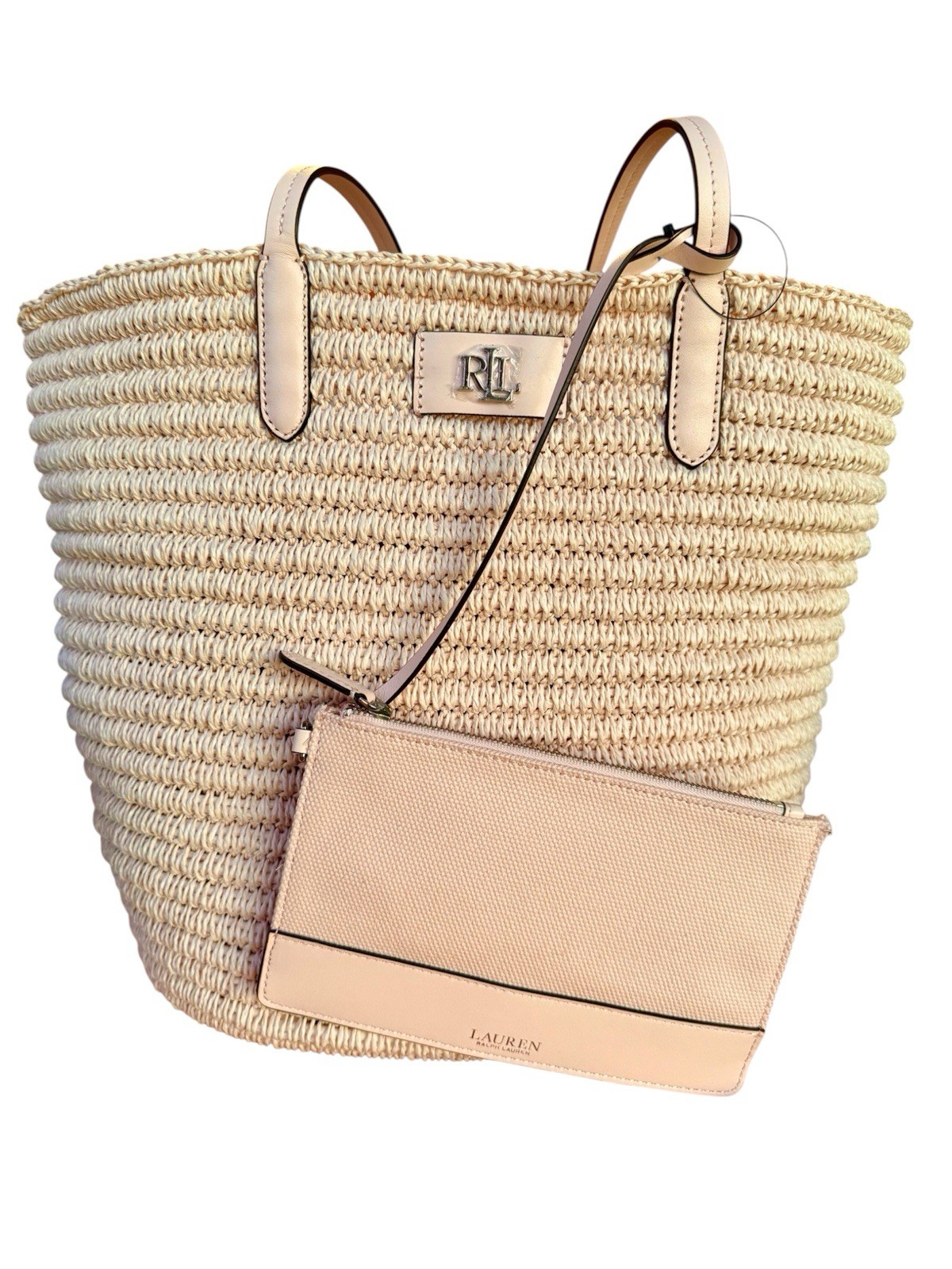 Lauren Ralph Lauren Pink Opal Leather Trim Straw Large Brie Tote Bag NWT $250