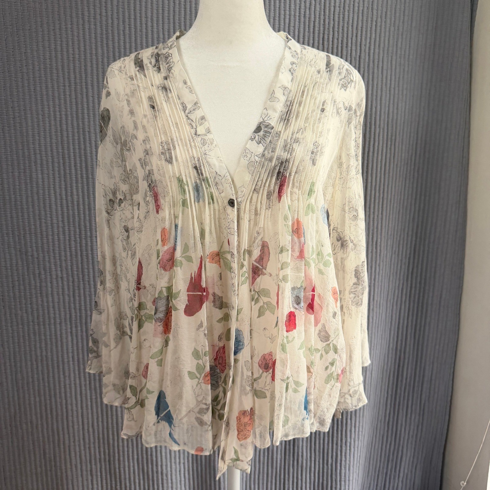 Elizabeth and James Bird Print Silk Blouse Cream XS Excellent Whimsy Twee Boho