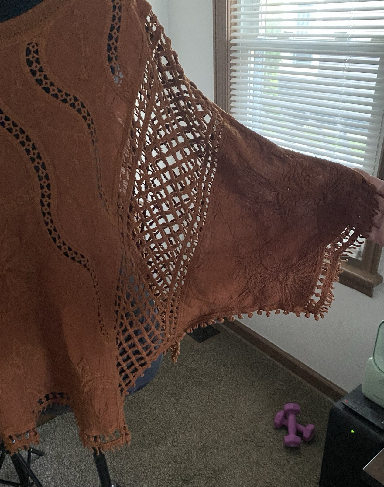 Ultra Pink XL Terracotta Brown Top Embroidered/Crocheted Boho Bat Wing Sleeves