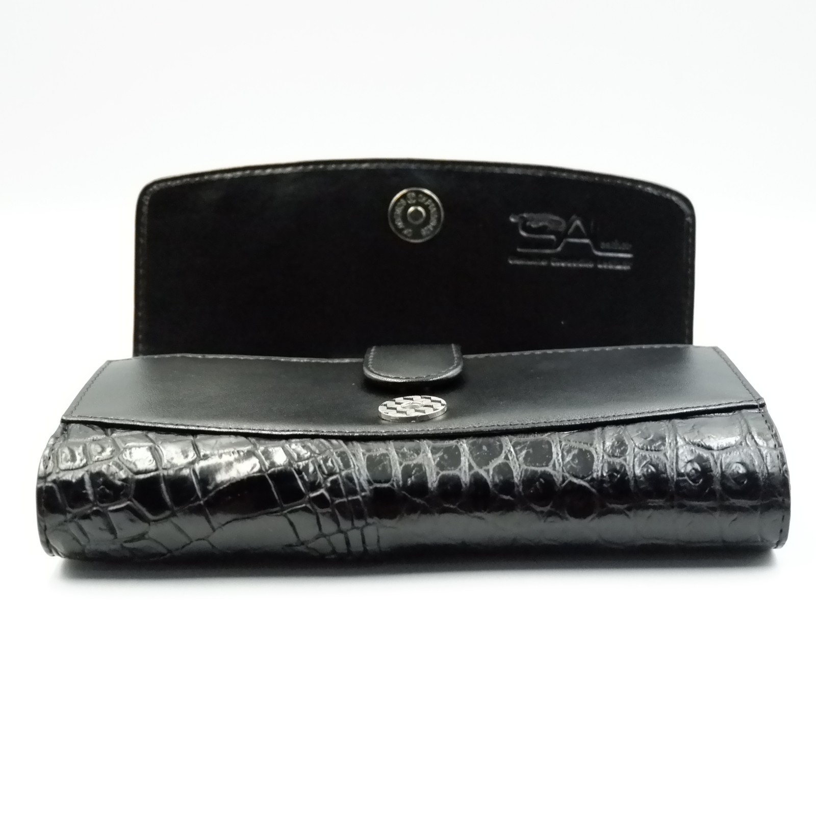 New Black Genuine Croc Leather BackBone Skin Women Tri-fold Clutch Wallet Purse.