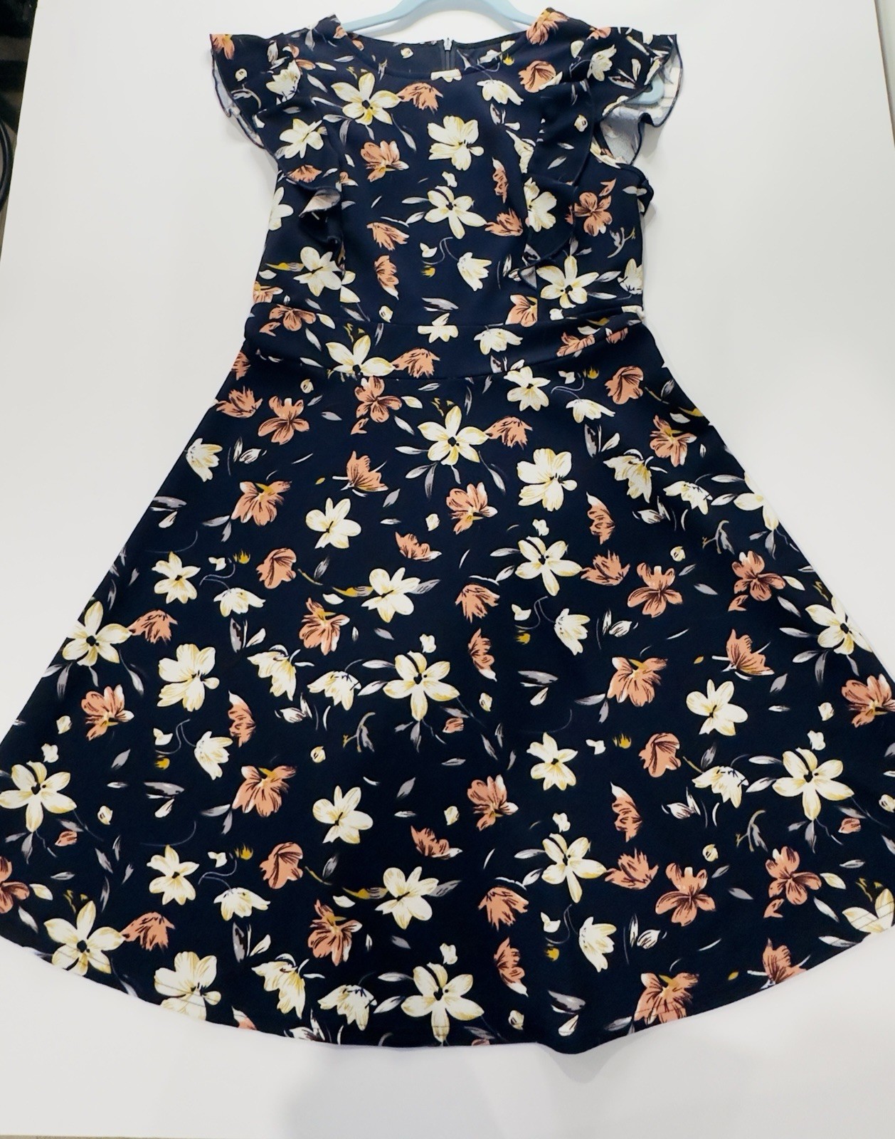 Yathon Navy Floral Ruffle Flutter Sleeve A-Line Knee Length Round Neck Dress