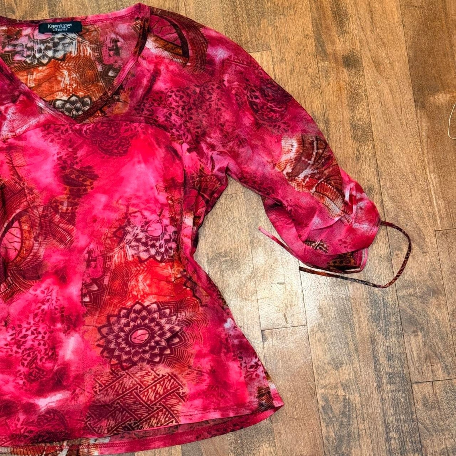Y2K Paisley Mesh Blouse with Ruched 3/4 sleeves size L