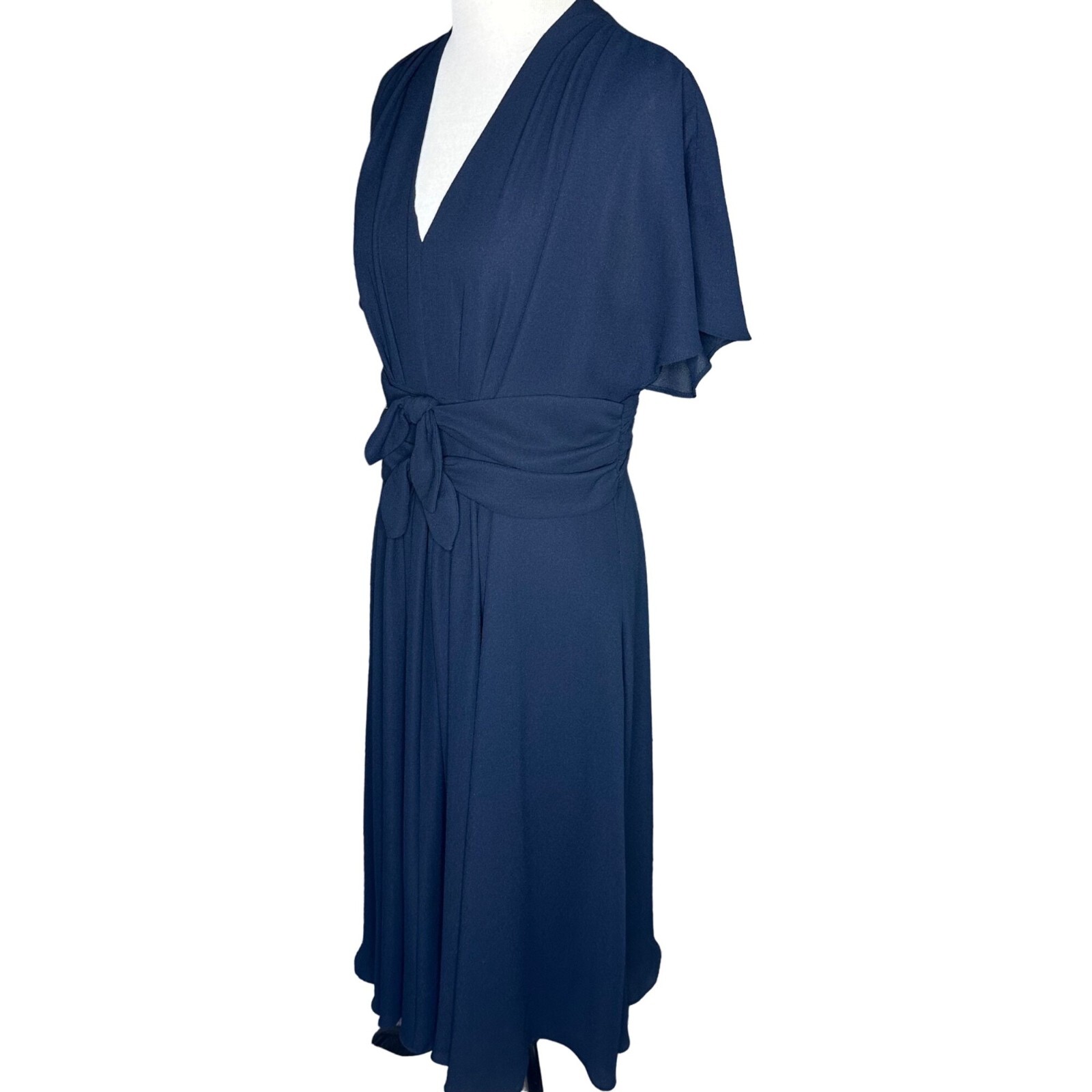Gal Meets Glam Navy Blue Chiffon Waist Tie Bow Midi Dress Size 8 Back Zipper