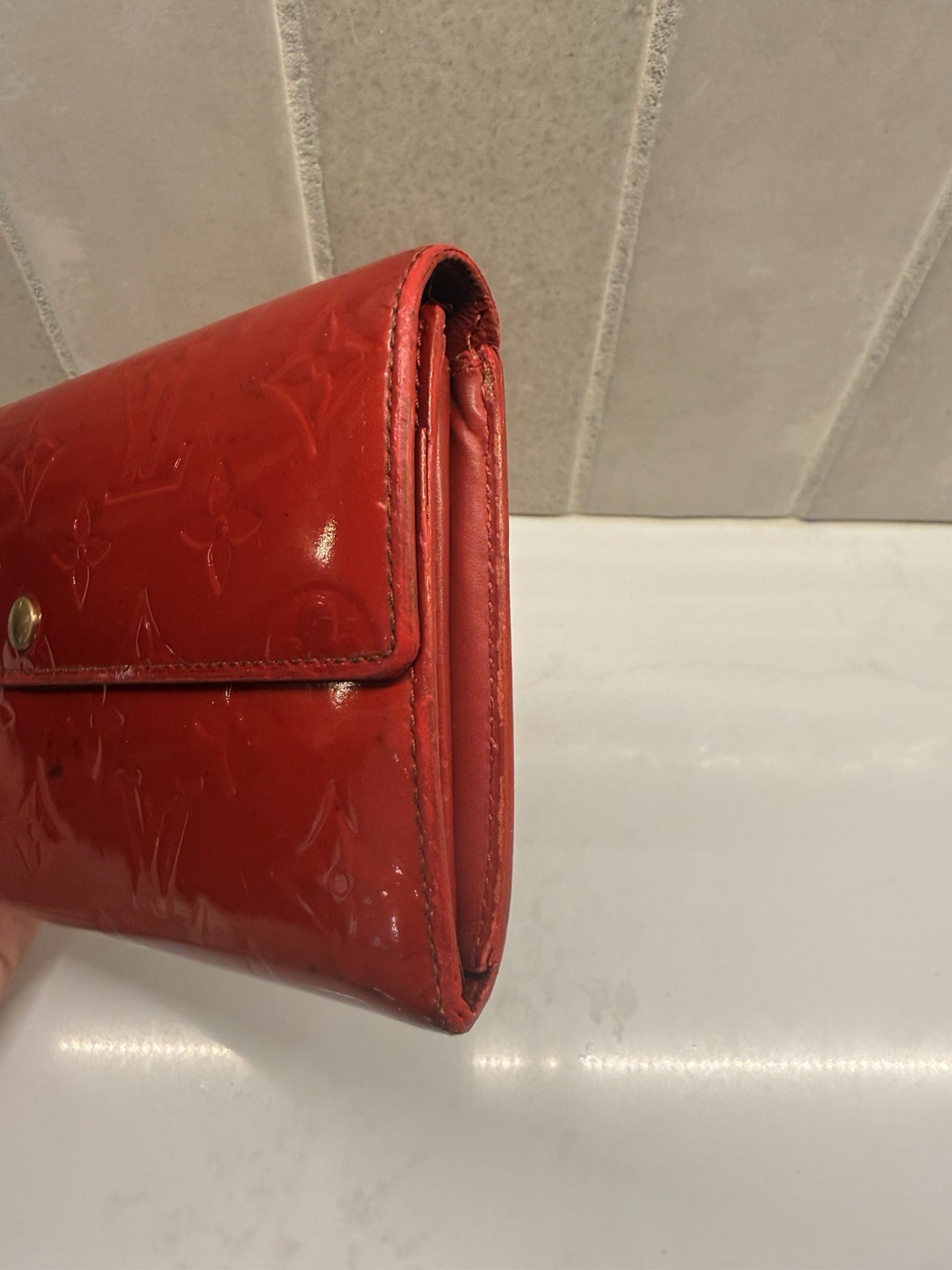 Louis Vuitton Red Monogram Wallet w/ Chain Strap, Snap Flap, Zip Coin Pocket