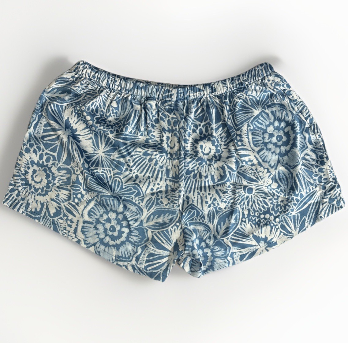Van Winkle Co Women L Satin Sleep Shorts Batik Blue White Floral Elastic Waist