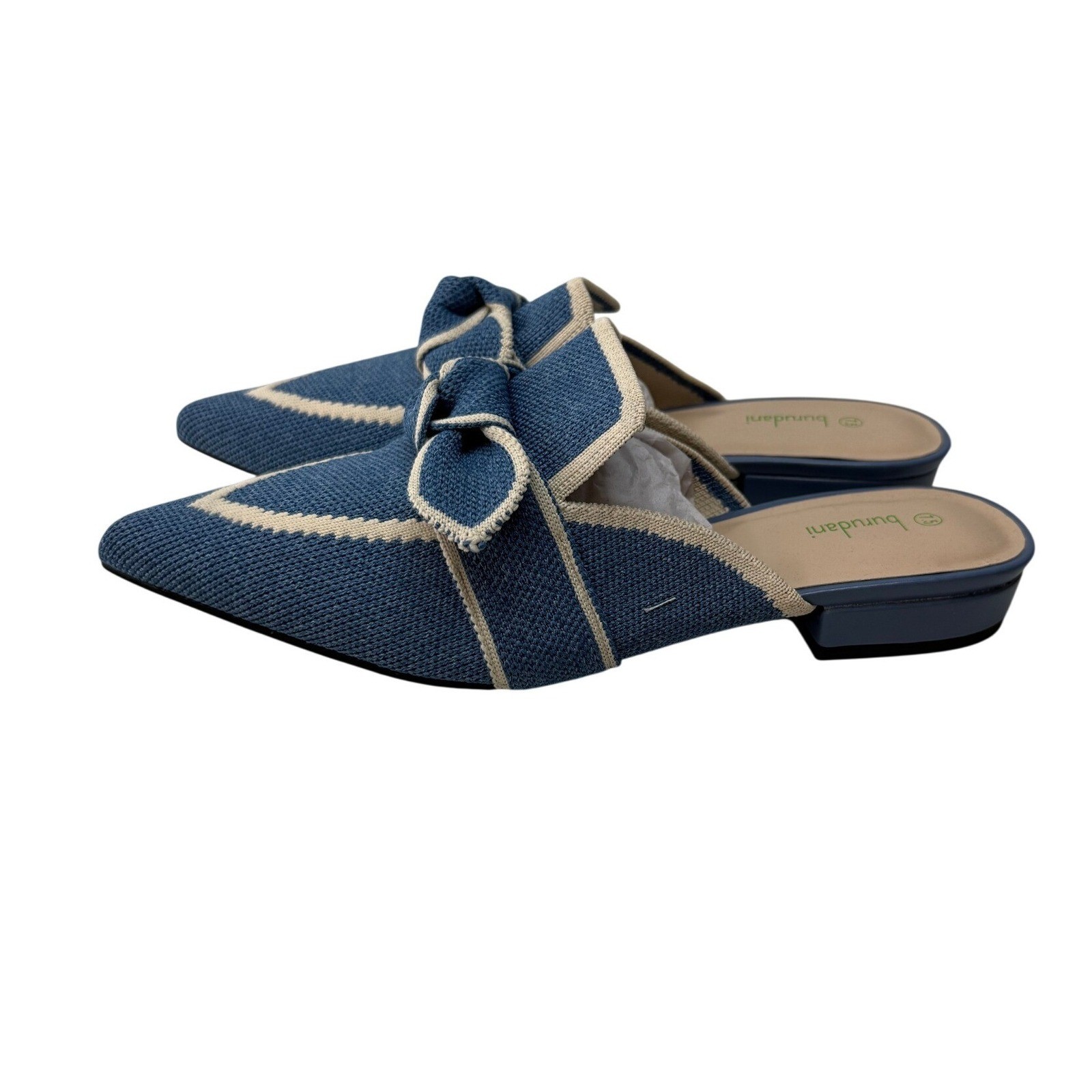 Burudani Blue Knit Pointed Toe Bow Mules Womens 7.5 SBDML2304W Flat Shoes New