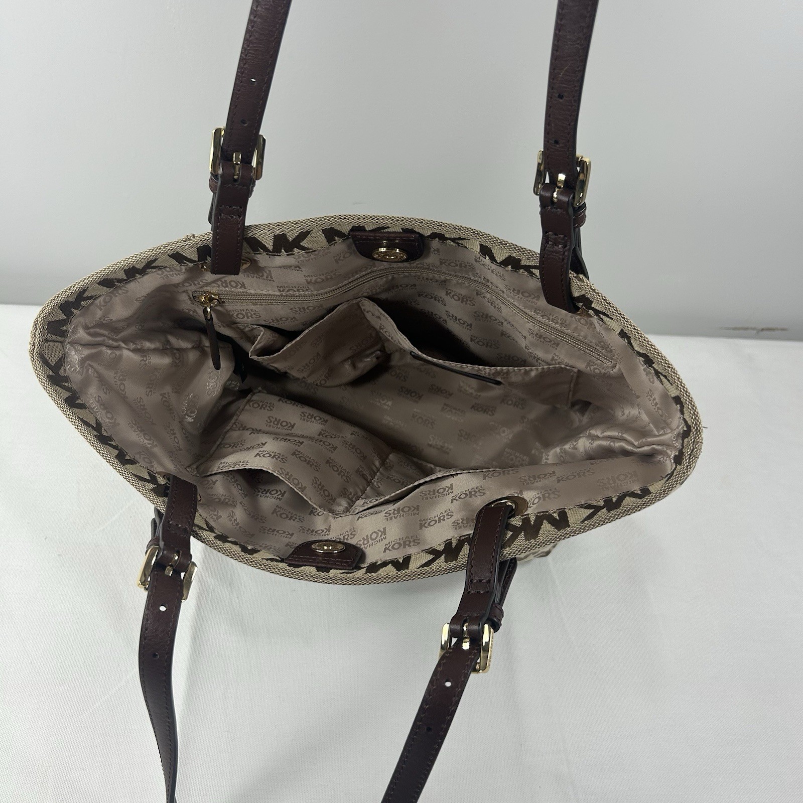 Michael Kors Jet Set Signature Jacquard Medium Tote Bag Tan 38T2XTTT2J EUC
