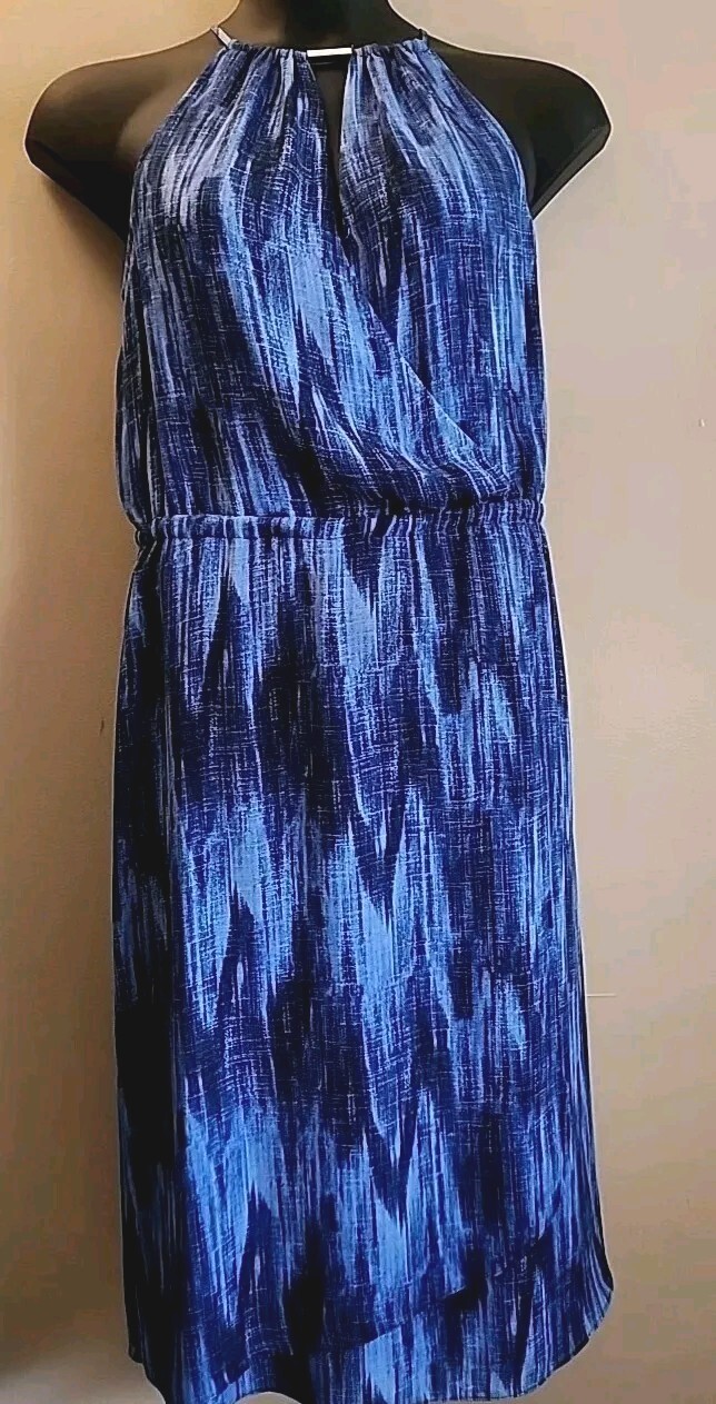 Michael Kors Blue Abstract Ikat Halter Wrap Midi Dress Size 10 NEW