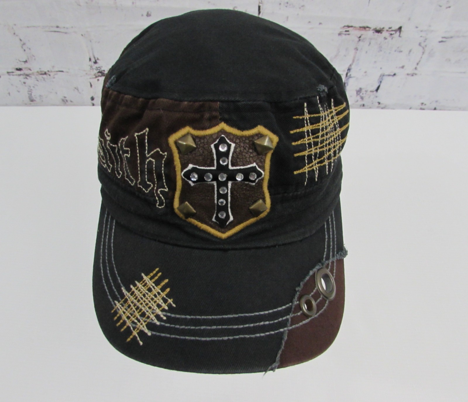 KBETHOS Military Cadet Hat Cap Fitted Womens Brown Faith Cross Distressed