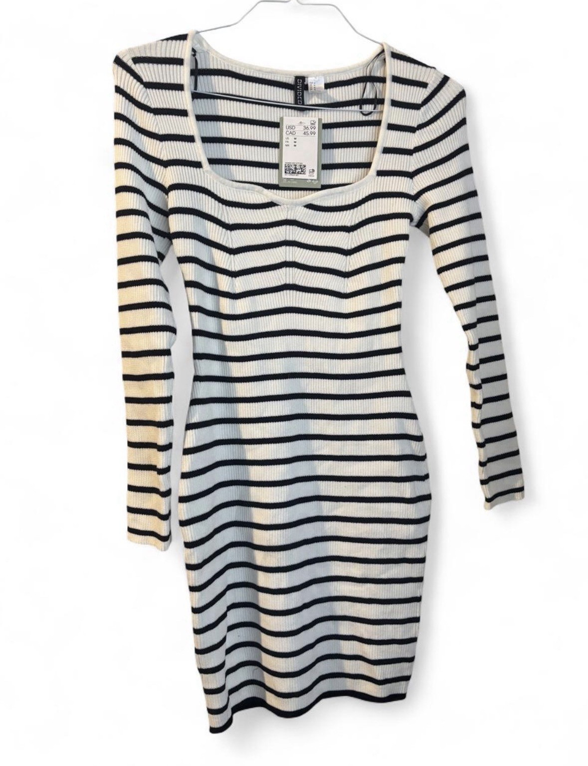 H&M Ribbed Striped Knit Bodycon Dress Long Sleeve Scoop Neck M Black White