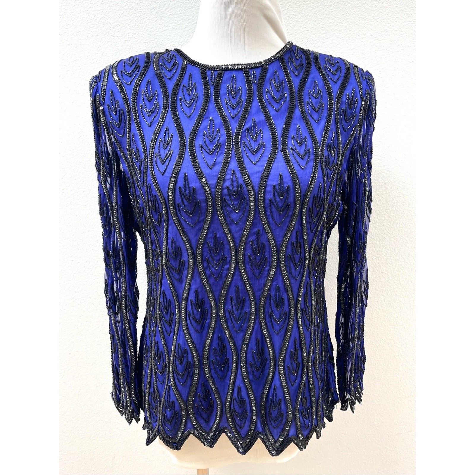 80s 90s Vintage Stenay Beaded Silk Blue Long-Sleeve Evening Top Women’s Medium P
