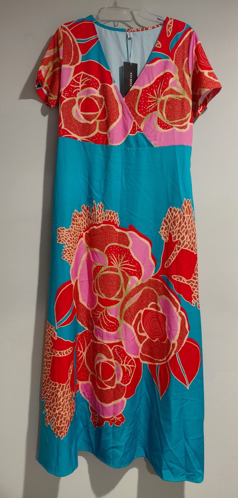 XL Floral Maxi Dress Bright Tropical Print Turquoise Pink Short Sleeve NWT