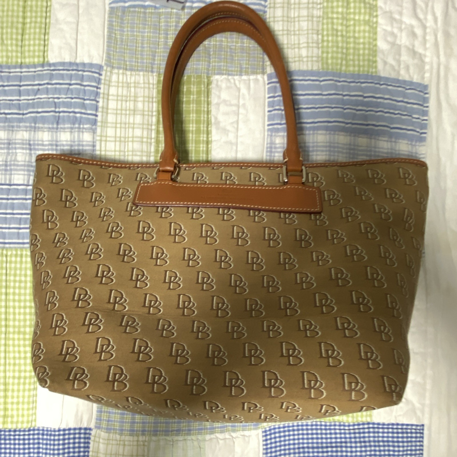 Dooney & Bourke Tan Brown Monogram Tote Bag Double Handles Zip Lined Pockets
