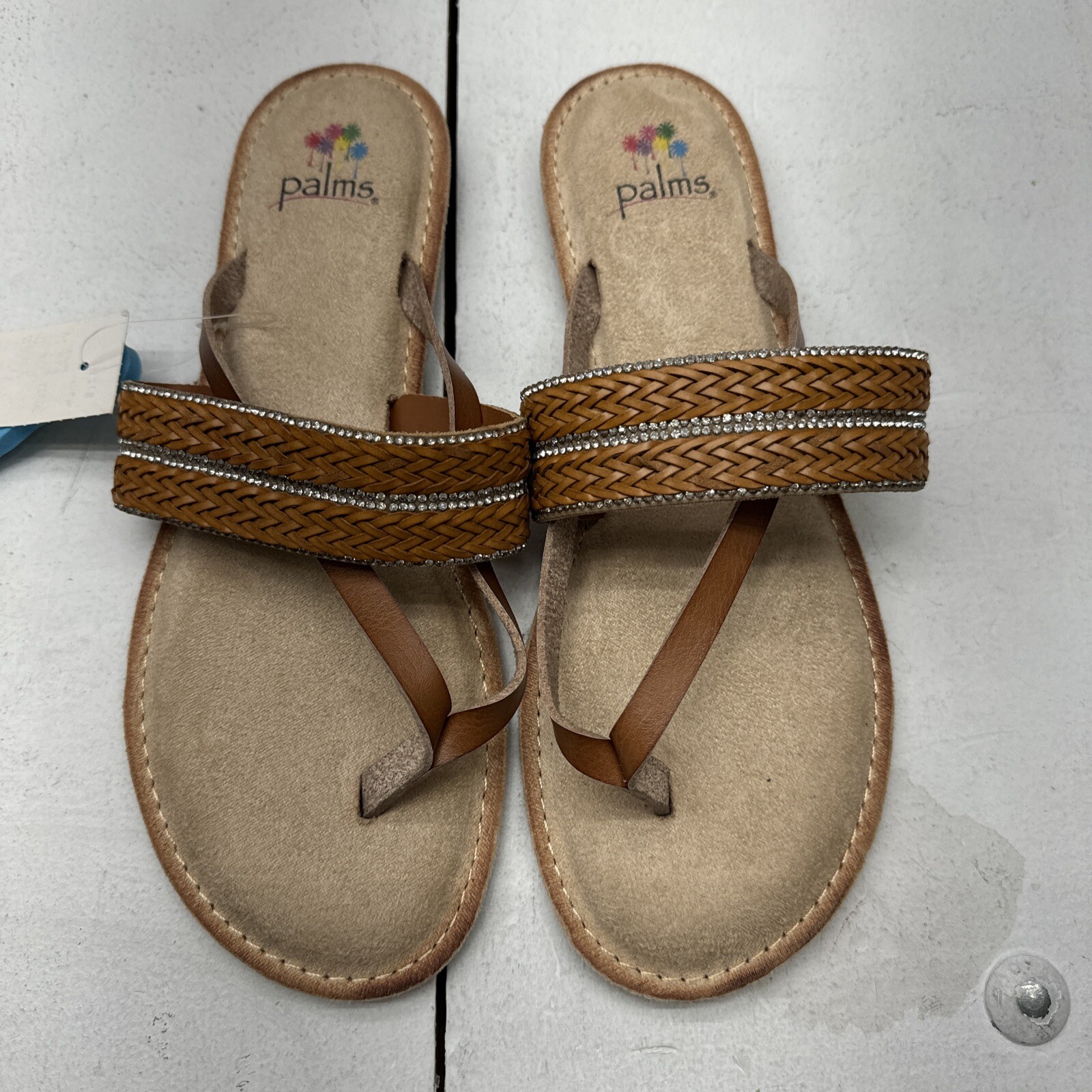 Palms Brown Thong Strap Sandal Rhinestone Memory Foam Footbed Women’s Size 8