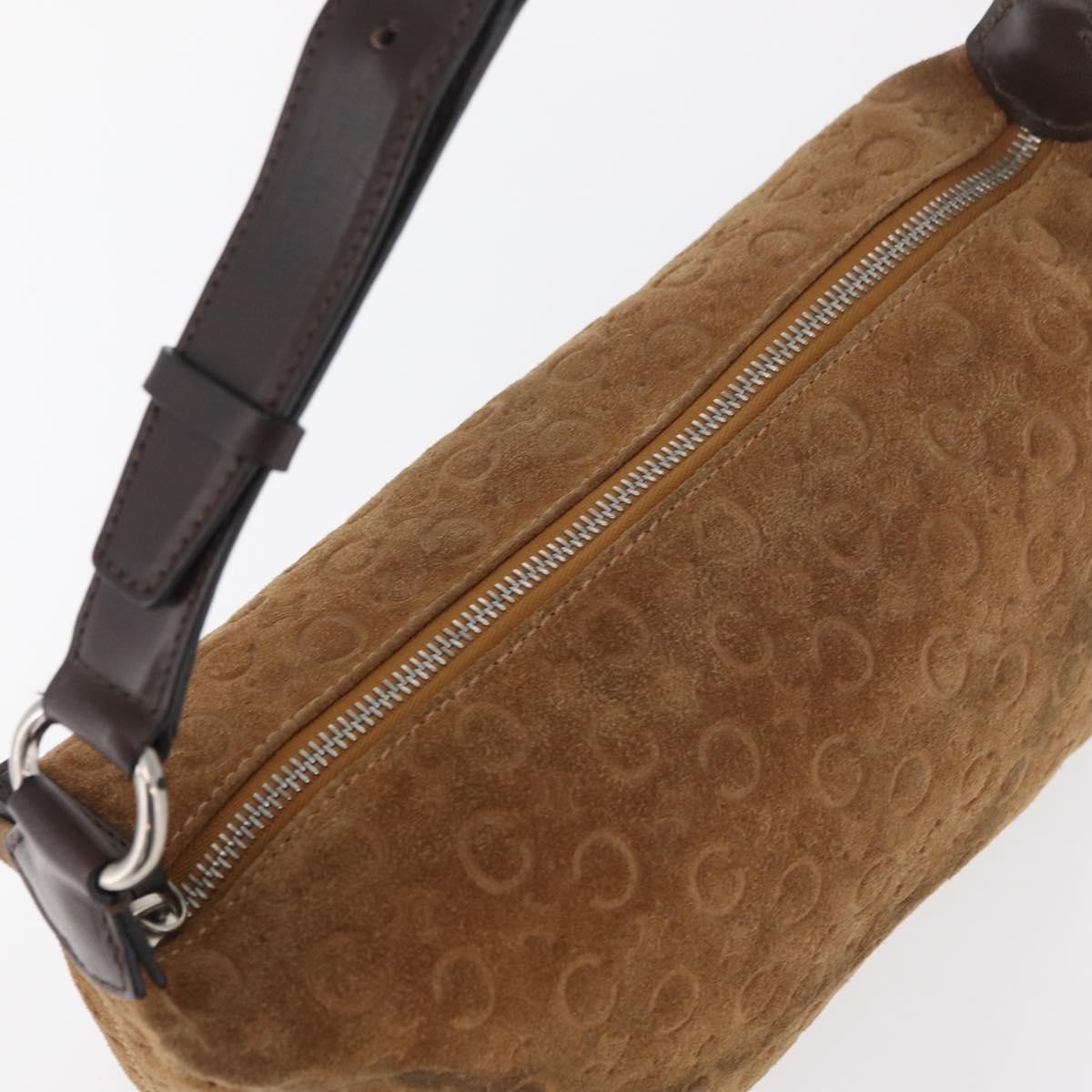 CELINE C Macadam Canvas Hand Bag Suede Brown Silver Auth 176369